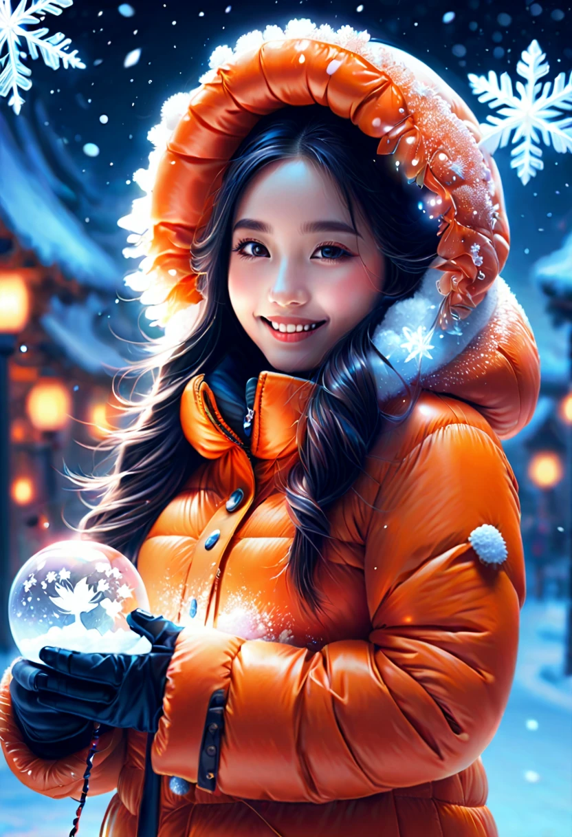 An imaginative and detailed illustration of a fantasy female friend, depicted as a cute and beautiful girl. Her face is lit up with a happy smile, and she is fashionably dressed in a bright orange puffer jacket. The setting is a magical ice sculpture world, with an icy, snowy landscape filled with snowflakes. The girl is a blend of wisdom, beauty, and diligence, representing a sweet and ideal character. The image is created with creative flair, showcasing the girl enjoying herself in this enchanting, frosty environment, embodying a sense of joy and wonder, , (花卉水彩画:1.5)，(超高饱和度, 色彩明亮鲜艳:1.5), (nsfw), (正面看着观众:1.5)