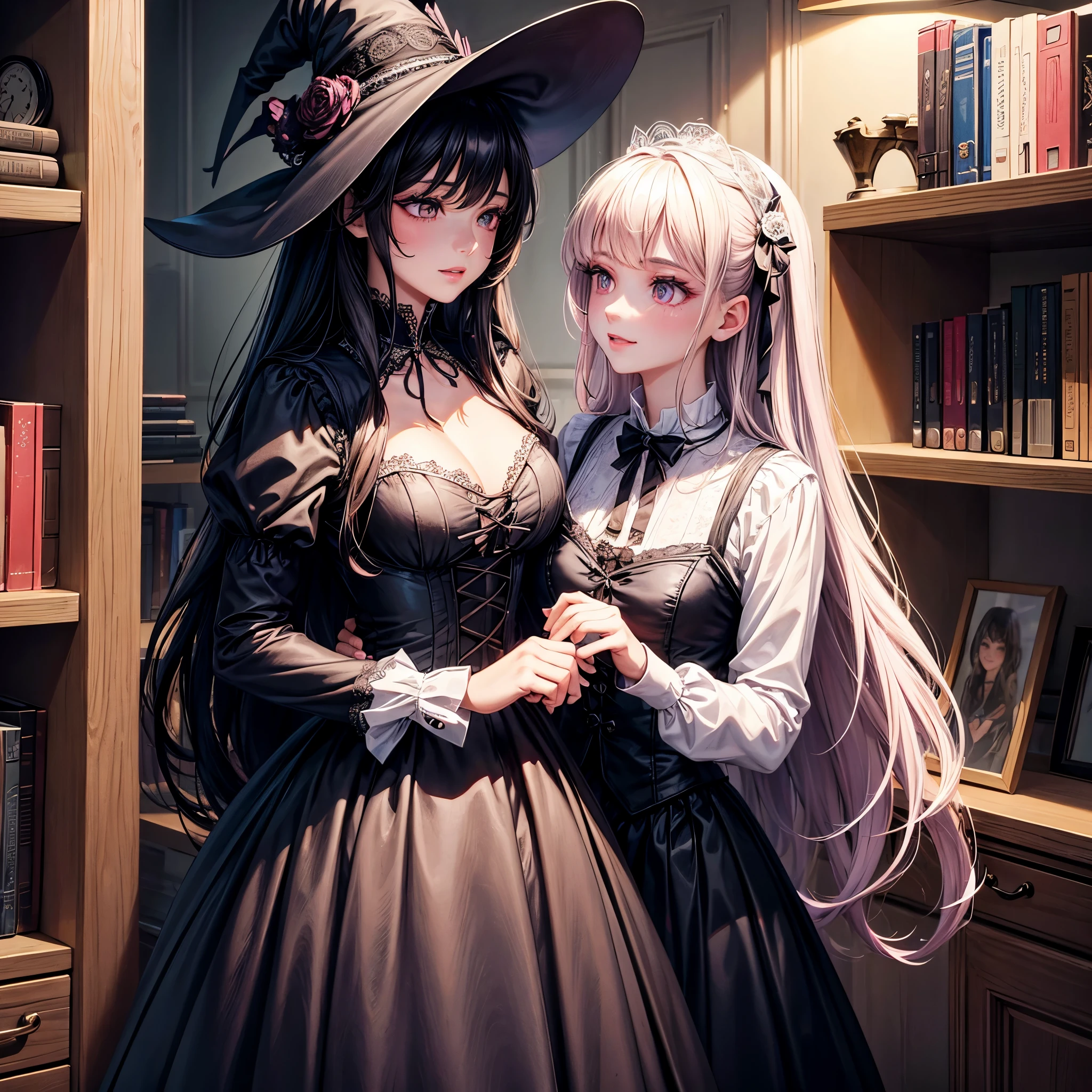 best quality,ultra-detailed,realistic,photorealistic,pink-eyed,long-haired girl looks happy,beautiful detailed eyes,beautiful detailed lips,long eyelashes,best quality portrait painting,detailed,physically-based rendering,ultra-fine painting,fine details,painting,a teenage boy has been magically transformed into a cute witch girl,gender bending,witches are helping dressing up the new girl,girl happily getting dressed in a stunning black victorian dress, physically-based rendering,gorgeous dress design,flowing gown,elaborate lace details,rich textures,contrast stitching,delicate ribbon bows,floral accents,full skirt,high neckline,long sleeves,fitted waistline,flared cuffs,lace-up back,luxurious fabrics,flawless silhouette,high heels, pink-eyed girl,effeminate face,pointy hat,long black hair,witches assisting in dressing up the new girl,promptly helps the girl getting dressed in a stunning black Victorian dress, in a wooden cabin with old furniture and occult symbol, high resolution, 4K, 8K