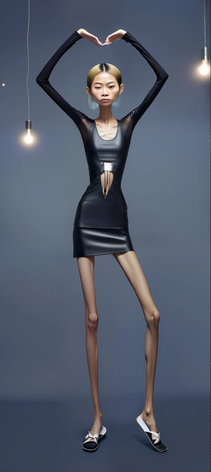 extremely thin woman，oily skin，The body is very thin，Rib chest，Protruding sternum，The sternum is obvious，Waist is very thin，The ribs are noticeable，Protruding ribs，The pelvic protrusion is very obvious，Clear outline of pelvis，The crotch protrudes，thin shoulde，Upper body，Waist is very thin，Sunken abdomen，Abdominal muscle atrophy，Delicate arms，arm muscle atrophy，thin legs，leg muscle atrophy，Knees obviously protrude，Ankles are obviously prominent，Wear a one-piece leather jacket，wearing black，wearing slippers，Short hair details，asian face，Haggard expression，Excessive weight loss，sunken face，Severe malnutrition