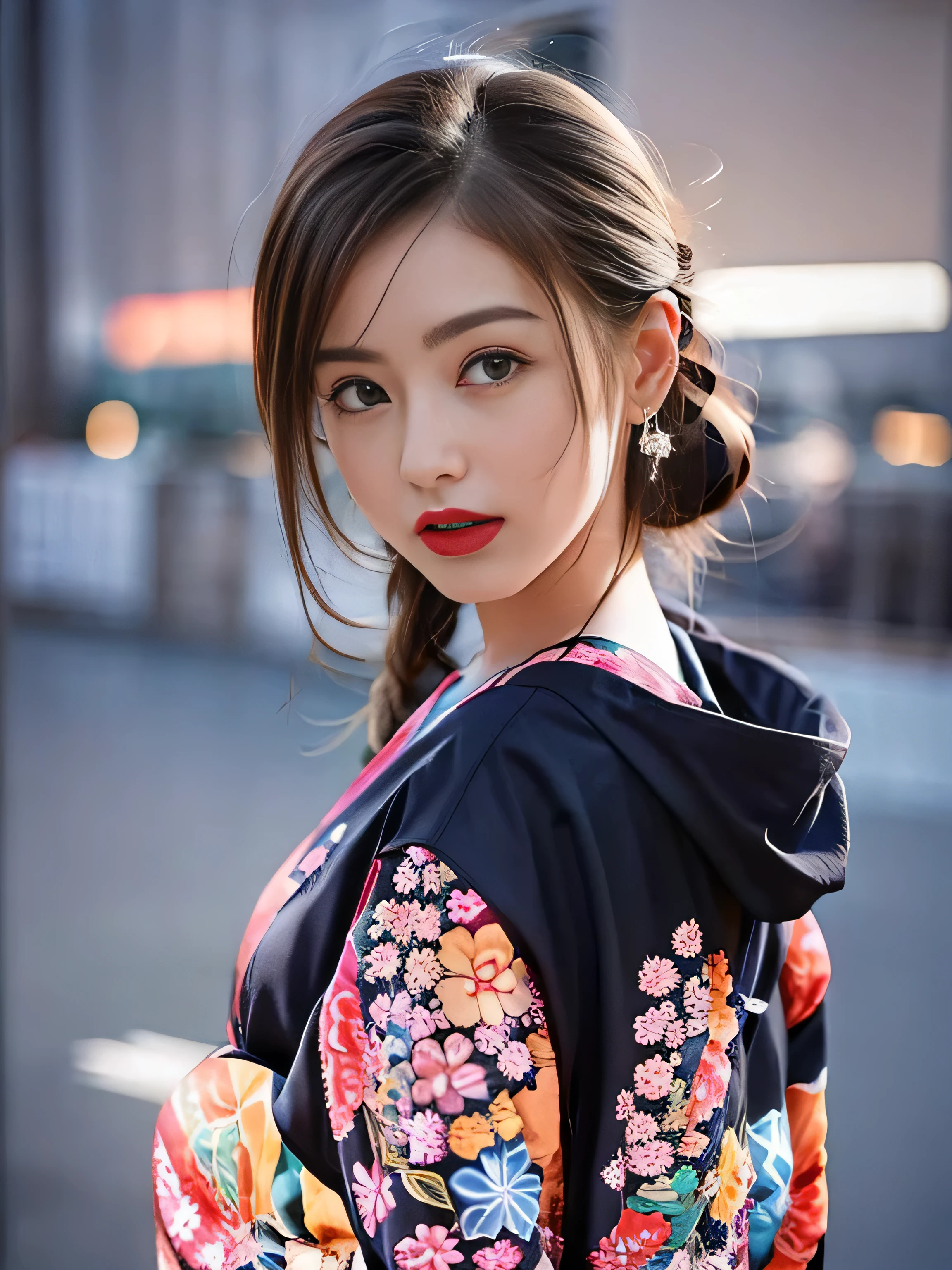 1 female、(super beautiful)、(Beautiful and sad face:1.5)、(detailed face:1.4)、Early 30s、(red pattern on black kimono:1.3)、(Wearing heavy makeup)、(red lips:1.3)、brown hair、(Just after sunset:1.2)、(The sky changes from sunset to night:1.3)、(Backlight)、If someone takes you、I want to kill you、Joren Falls、I want to see you even if I pass through the dazzling flames、Mountain. Gancheng、unforgivable love