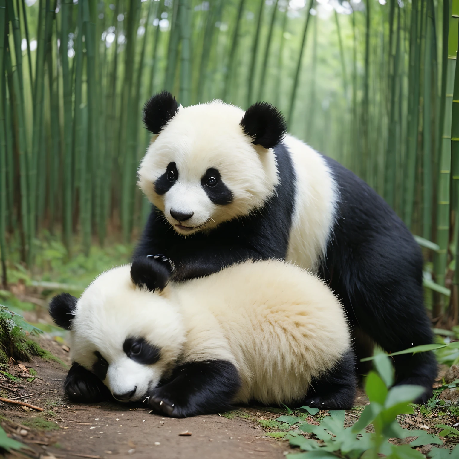 Cute panda sleeping,bamboo forest,3D,hyper-realistic