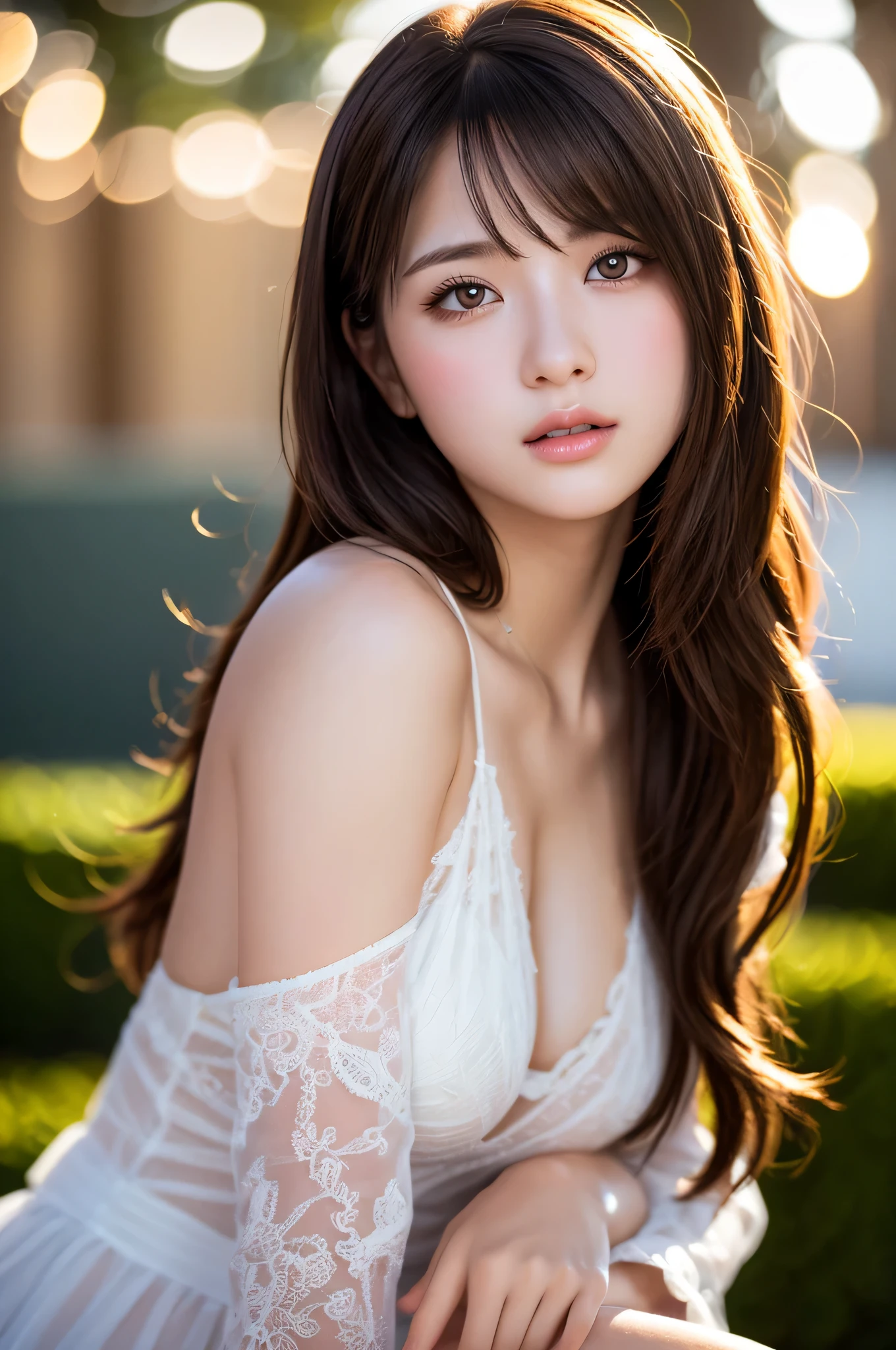 (best quality), (ultra-detailed), (illustration), (detailed light), (an extremely delicate and beautiful), ung girl, brown hair, brown eyes, model, bare shoulders, best quality, extremely detailed CG unified 8k wallpaper, High-definition raw color photos, professional photograpy, (((Bokeh))), depth of fields, twilight, sunset,