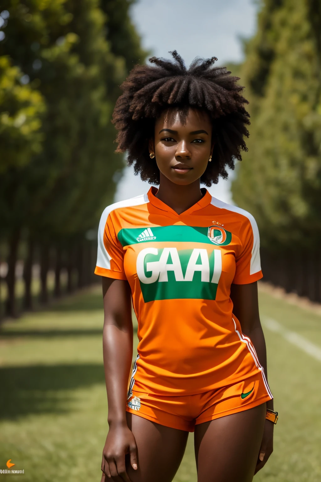 Photo model a young black woman, 24 ans , grosse poitrine, grosse fesse, wearing the Ivory Coast national team football jersey