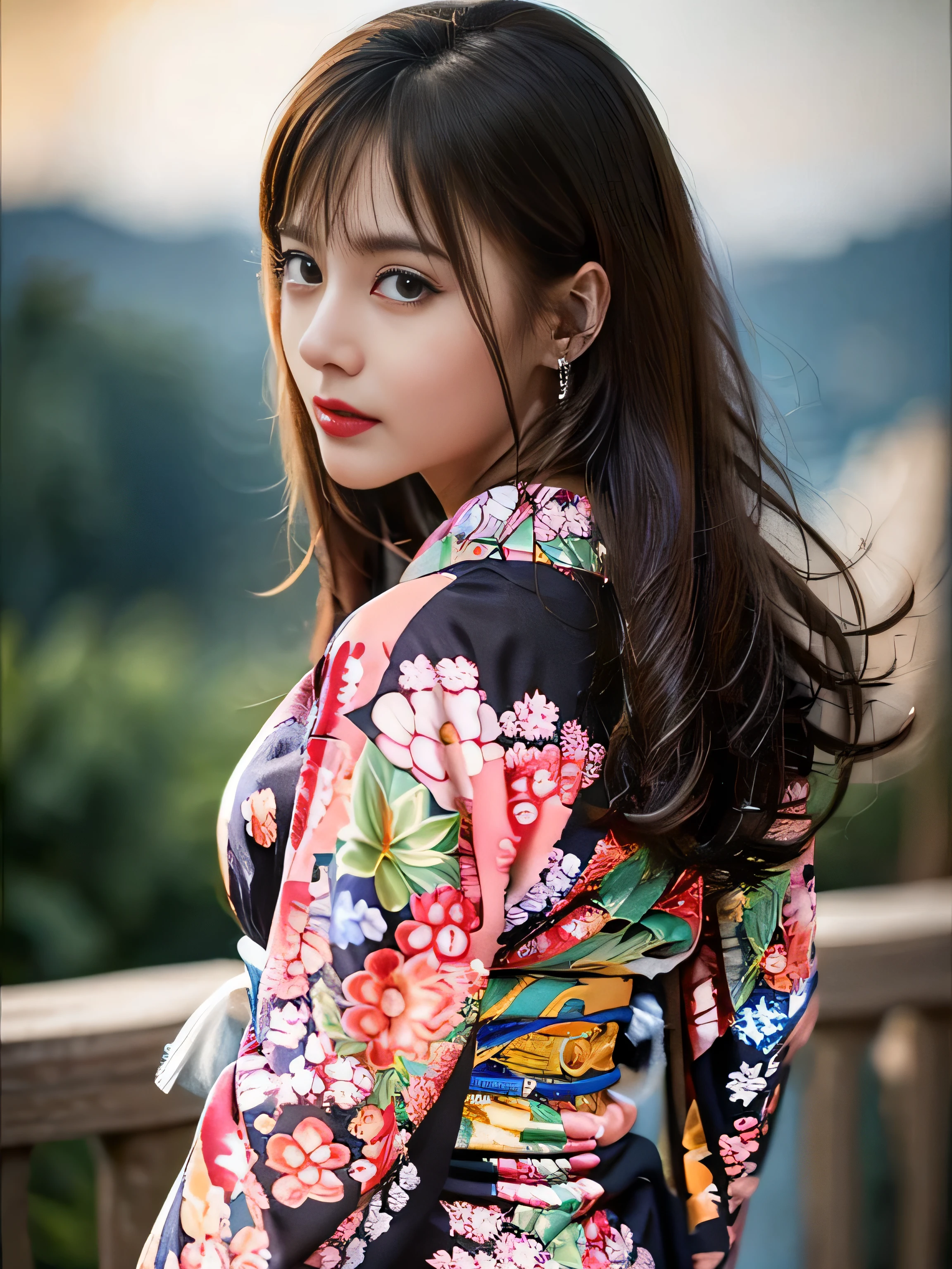 1 female、(super beautiful)、(Beautiful and sad face:1.5)、(detailed face:1.4)、Early 30s、(red pattern on black kimono:1.3)、(Wearing heavy makeup)、(red lips:1.3)、brown hair、(Just after sunset:1.2)、(The sky changes from sunset to night:1.3)、(Backlight)、If someone takes you、I want to kill you、Joren Falls、I want to see you even if I pass through the dazzling flames、Mountain. Gancheng、unforgivable love