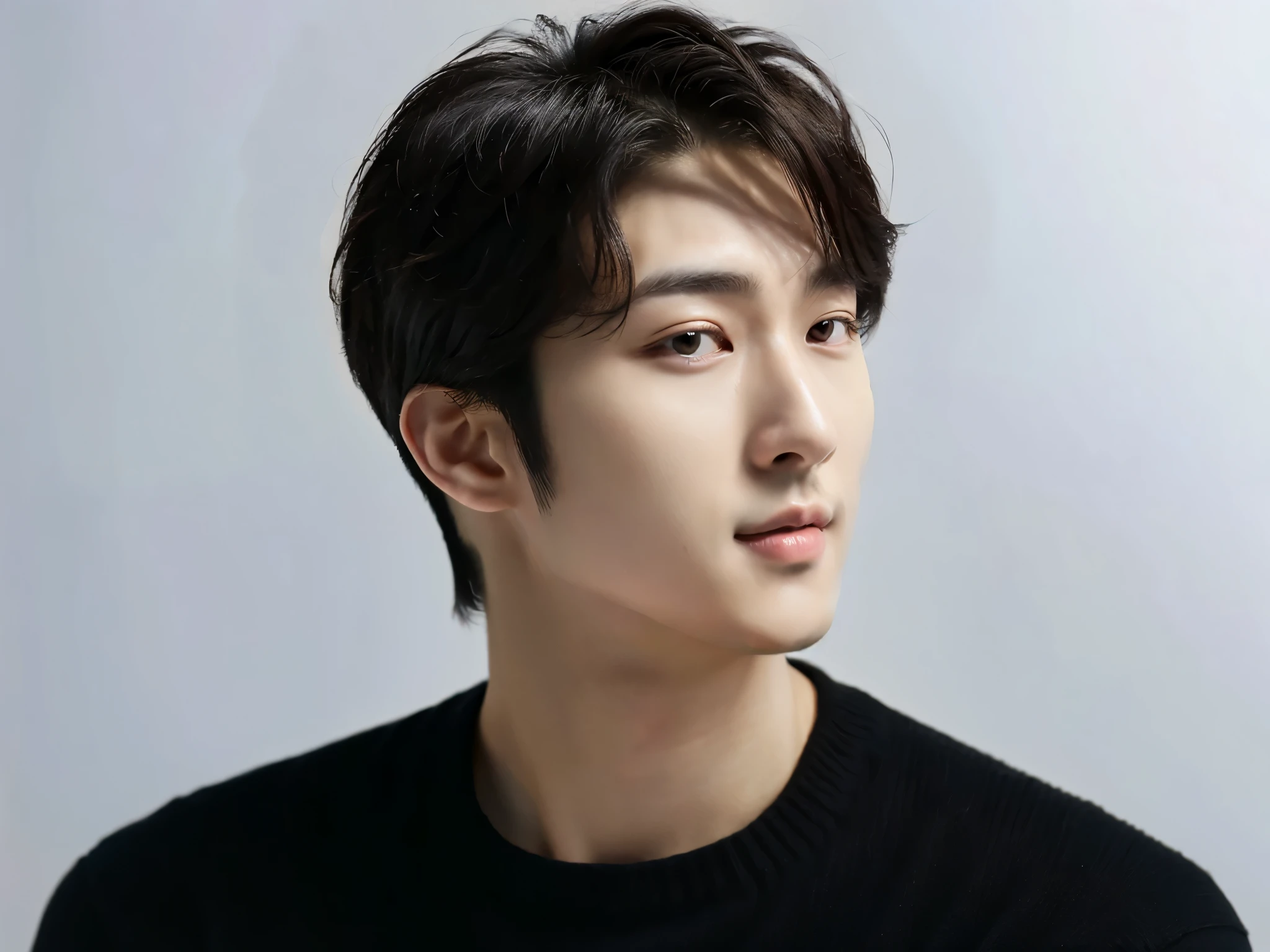 (In reality, high resolution:1.3), 20 years old korean man, very handsome, manly eyes, (photo realistic:1.4),(masterpiece, 8K, best quality, ultra detailed),studio shoot,pictorial,photography, Ultra-Detailed Face, Detailed Lips, normal hand, simple background, 남자다운 얼굴,looking at viewer