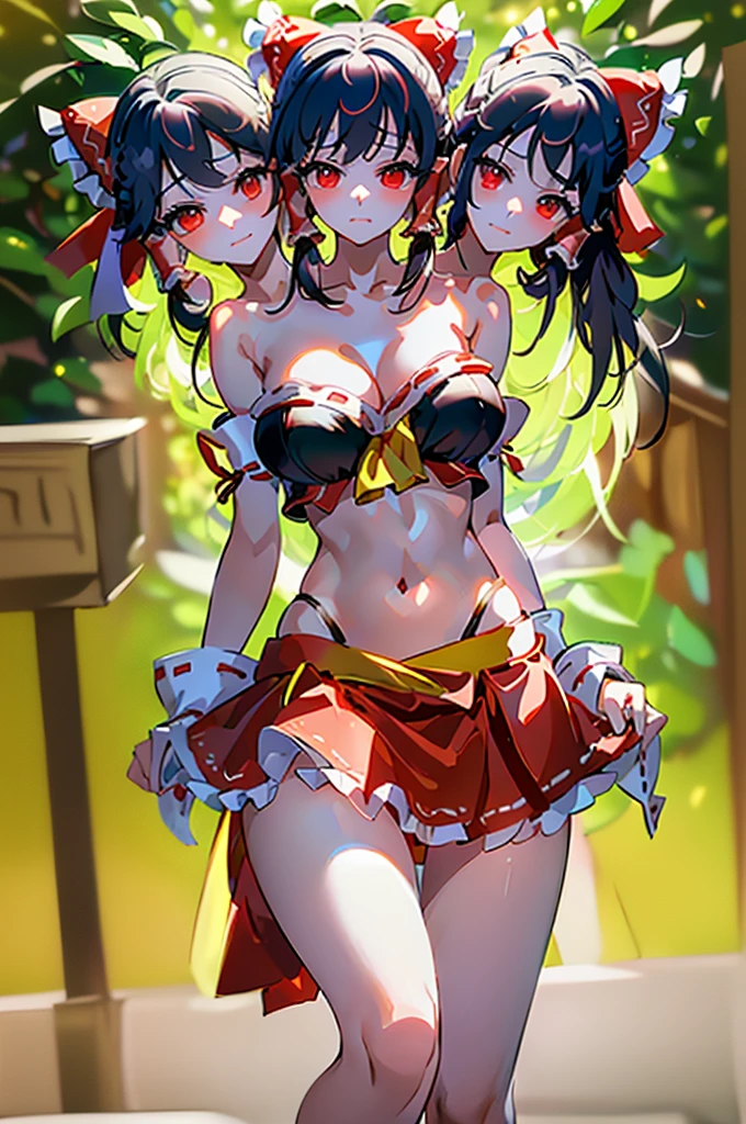 (masterpiece, best quality), best quality, (ultra-detailed), (3heads:1.5), 1girl, (hakurei reimu:1.3), masterpiece, best quality, red top, crop top, ((stomach)), midriff, ((groin)), red skirt, normal ears, shackles, black hair, very long hair, wavy hair, sidelocks, red eyes, parted lips, single horn, sweat, cute, toned belly, hand on own chest, eyelashes, (24 year old woman:1.3), (masterpiece:1.4), (best quality:1.4), (beautiful detailed extremely detailed CG, extremely delicate and beautiful, depth of field, (finely detailed face), (perfect details:1.1), (mature female:1.3), wide pelvis, slender, large veiny breast, 8k resolution, high quality, high definition, extremely detailed, masterpiece, best quality, black hair, long hair, alluring presence, braid, short skirt, close up, big tits, young, dragon girl, frills, frilled bow, red bow, ribbon trim, 