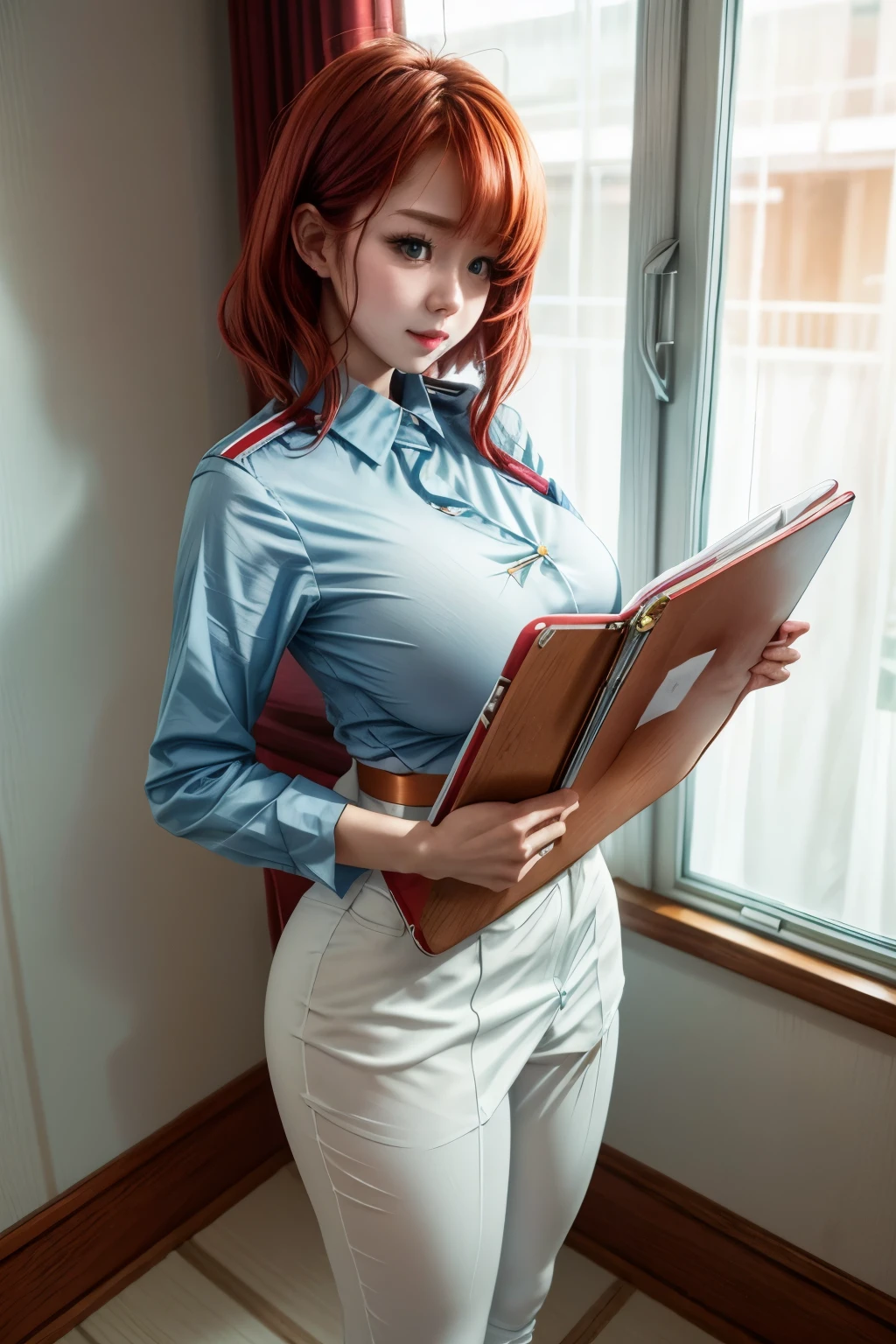 chris、25 years old、Redhead shortcuts、light blue nurse's uniform with pants、white stockings、having clipboard tall、beautiful woman, giga_busty