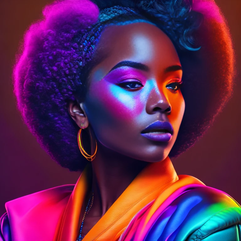 uma mulher com um cabelo moocano afro  e brincos, alta textura colorida, glamour da cor do retrato, retrato colorido detalhado, cor neon sangrar, retrato de alta qualidade, Retrato colorido, cores ultravioleta e neon, color studio portrait, full-colour illustration, cores vibrantes hiper realismo, cores neon vibrantes, pop e cores vibrantes, cor neon, moda colorida, cor estilo cyberpunk, iridescent illustration