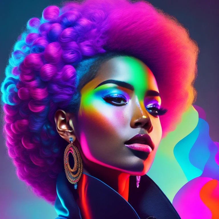 uma mulher com um cabelo moocano afro  e brincos, alta textura colorida, glamour da cor do retrato, retrato colorido detalhado, cor neon sangrar, retrato de alta qualidade, Retrato colorido, cores ultravioleta e neon, color studio portrait, full-colour illustration, cores vibrantes hiper realismo, cores neon vibrantes, pop e cores vibrantes, cor neon, moda colorida, cor estilo cyberpunk, iridescent illustration