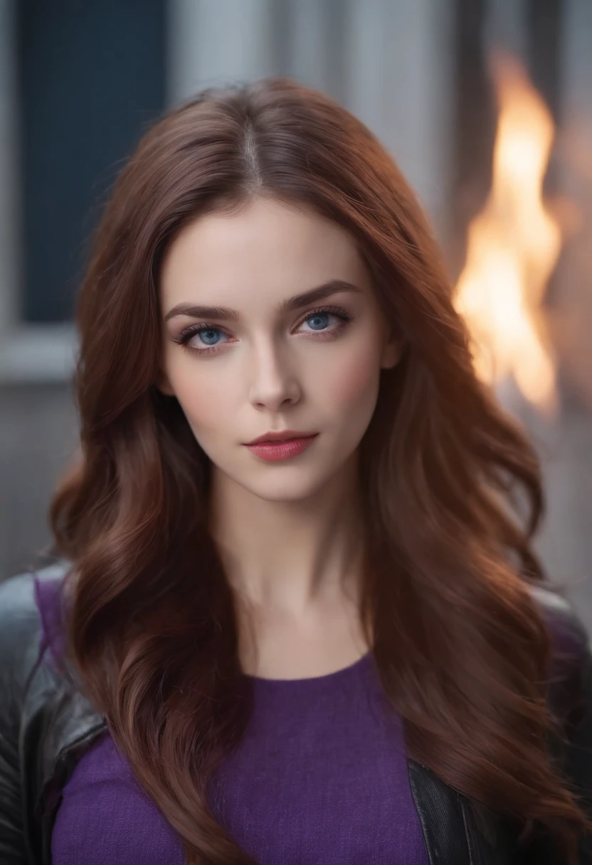 Girl with long hair on the right side, red, black and purple and very dark blonde on the left side, blue eyes, pale purple sweater on one side and a black leather outfit on the other side, background with purple flames