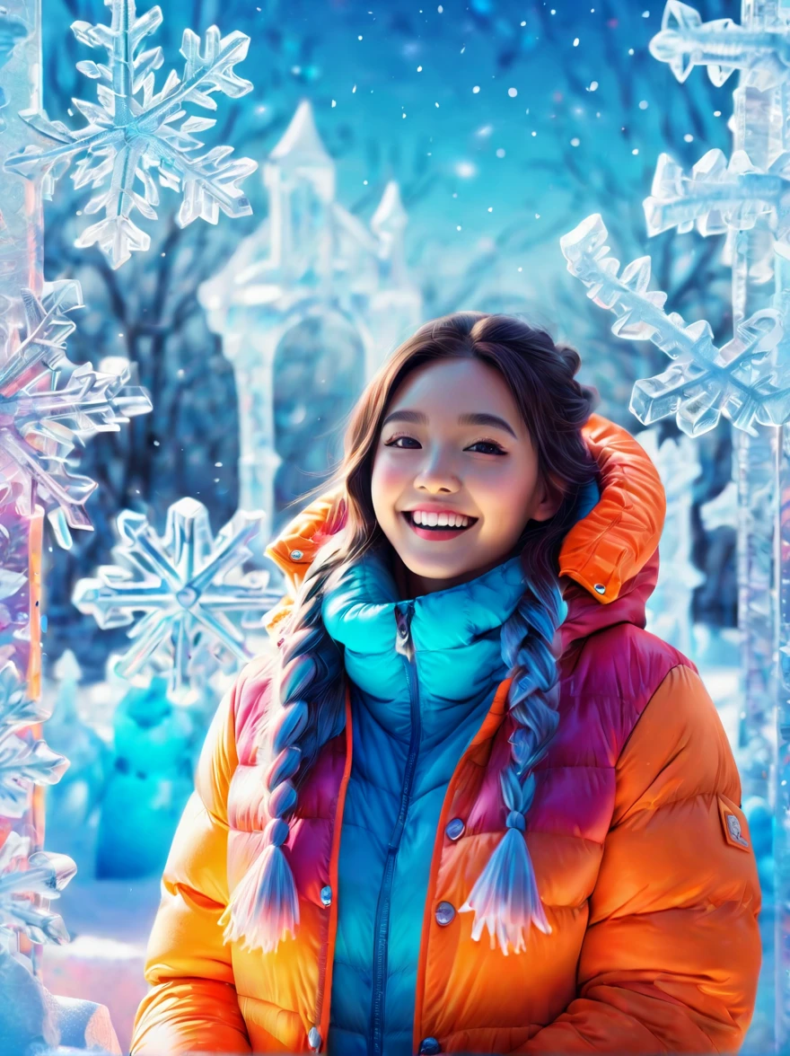 (panoramic:1.5), An imaginative and detailed illustration of a fantasy female friend, depicted as a cute and beautiful girl. Her face is lit up with a happy smile, and she is fashionably dressed in a bright orange puffer jacket. The setting is a magical ice sculpture world, with an icy, snowy landscape filled with snowflakes. The girl is a blend of wisdom, beauty, and diligence, representing a sweet and ideal character. The image is created with creative flair, showcasing the girl enjoying herself in this enchanting, frosty environment, embodying a sense of joy and wonder, (Ultra high saturation, bright and vivid colors: 1.5), (nsfw), (Facing the viewer: 1.5)