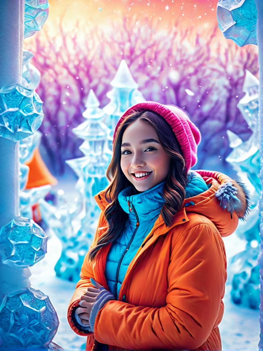 (panoramic:1.5), An imaginative and detailed illustration of a fantasy female friend, depicted as a cute and beautiful girl. Her face is lit up with a happy smile, and she is fashionably dressed in a bright orange puffer jacket. The setting is a magical ice sculpture world, with an icy, snowy landscape filled with snowflakes. The girl is a blend of wisdom, beauty, and diligence, representing a sweet and ideal character. The image is created with creative flair, showcasing the girl enjoying herself in this enchanting, frosty environment, embodying a sense of joy and wonder, (Ultra high saturation, bright and vivid colors: 1.5), (nsfw), (Facing the viewer: 1.5)