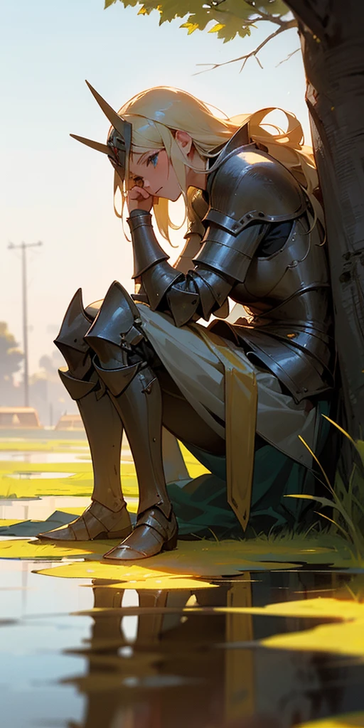 Beneath the open sky, a beautiful crusader rests. Her blonde hair, kissed by sunlight, spills like liquid gold over her armor. Leaning against a weathered tree, she cradles her helmet in her lap. A moment's respite in the midst of her journey, a pause between battles. Her eyes, a reflection of both fierceness and weariness, gaze into the horizon. The soft breeze carries a sense of calm, a fleeting break from the turmoil of her crusade. In this tranquil instant, even a warrior needs her rest, hyper realistic, 8k, high quality