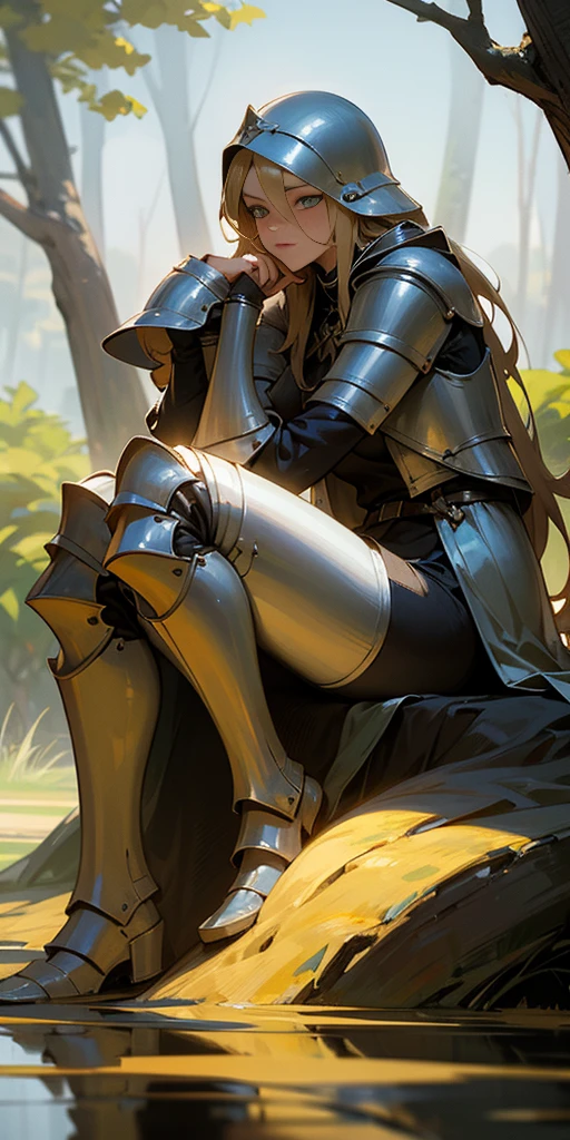 Beneath the open sky, a beautiful crusader rests. Her blonde hair, kissed by sunlight, spills like liquid gold over her armor. Leaning against a weathered tree, she cradles her helmet in her lap. A moment's respite in the midst of her journey, a pause between battles. Her eyes, a reflection of both fierceness and weariness, gaze into the horizon. The soft breeze carries a sense of calm, a fleeting break from the turmoil of her crusade. In this tranquil instant, even a warrior needs her rest, hyper realistic, 8k, high quality