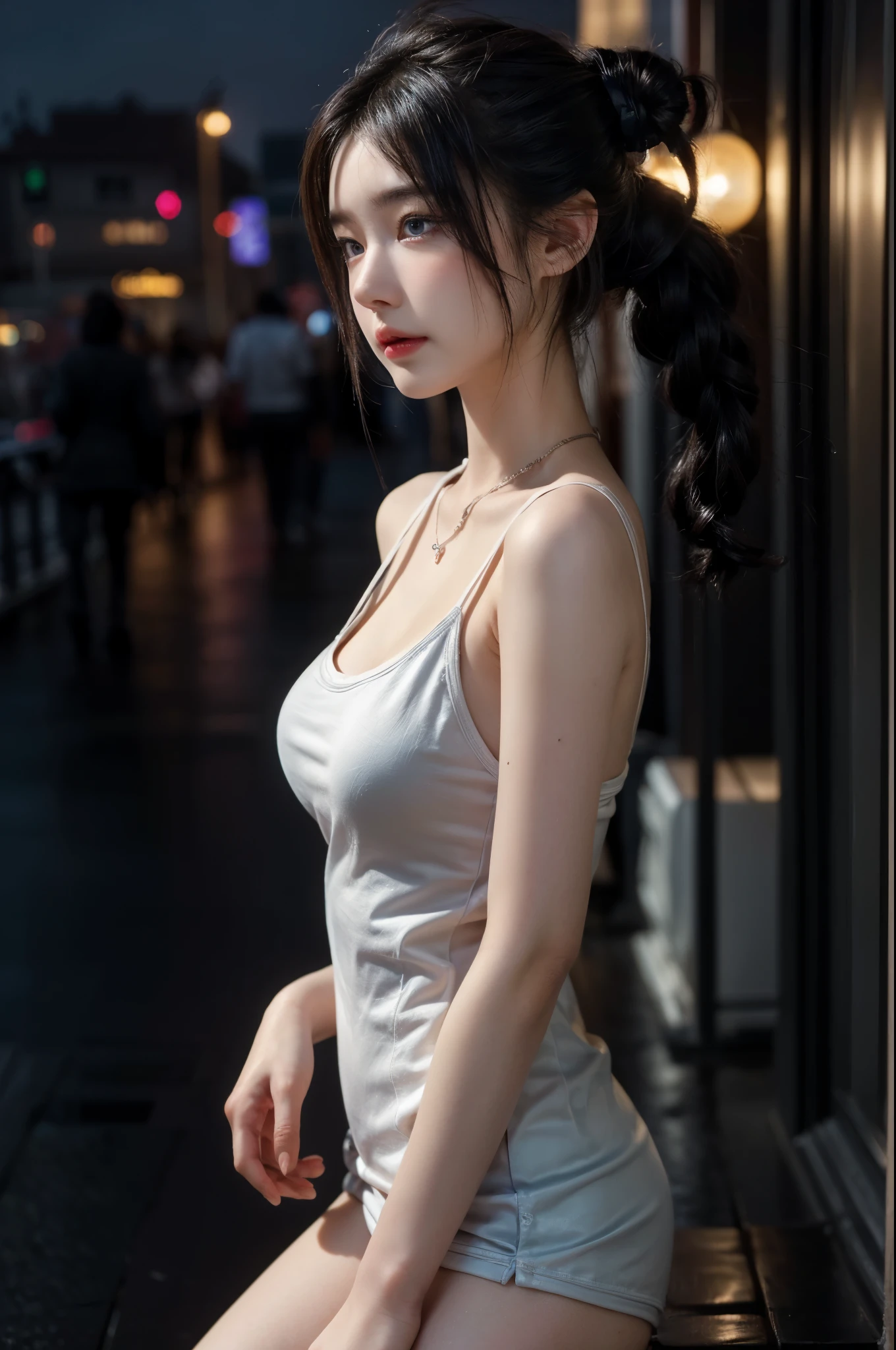 From the side, hip up,((Adilynn)), sideways pose, random posture, night time,  (An extremely delicate and beautiful work), (masterpiece), 1 girl, street wear, very detailed, Distorted ponytail, attractive expression, beautiful and clear eyes, blue eye pupil, delicate pearl necklace, Delicate earrings, Simple blurred background, extreme details, beautiful, attractive, Ultra-fine painting, delicate face, delicate figure, thin clavicle, nice lips, soft back, mix 4,(8K, RAW photo, highest quality, masterpiece:1.2), (realistic, photo-realistic:1.37),1 girl,cute,cityscape, night, rain, Wet, professional lighting, photon mapping, radio city, Physically based rendering, above the waist,