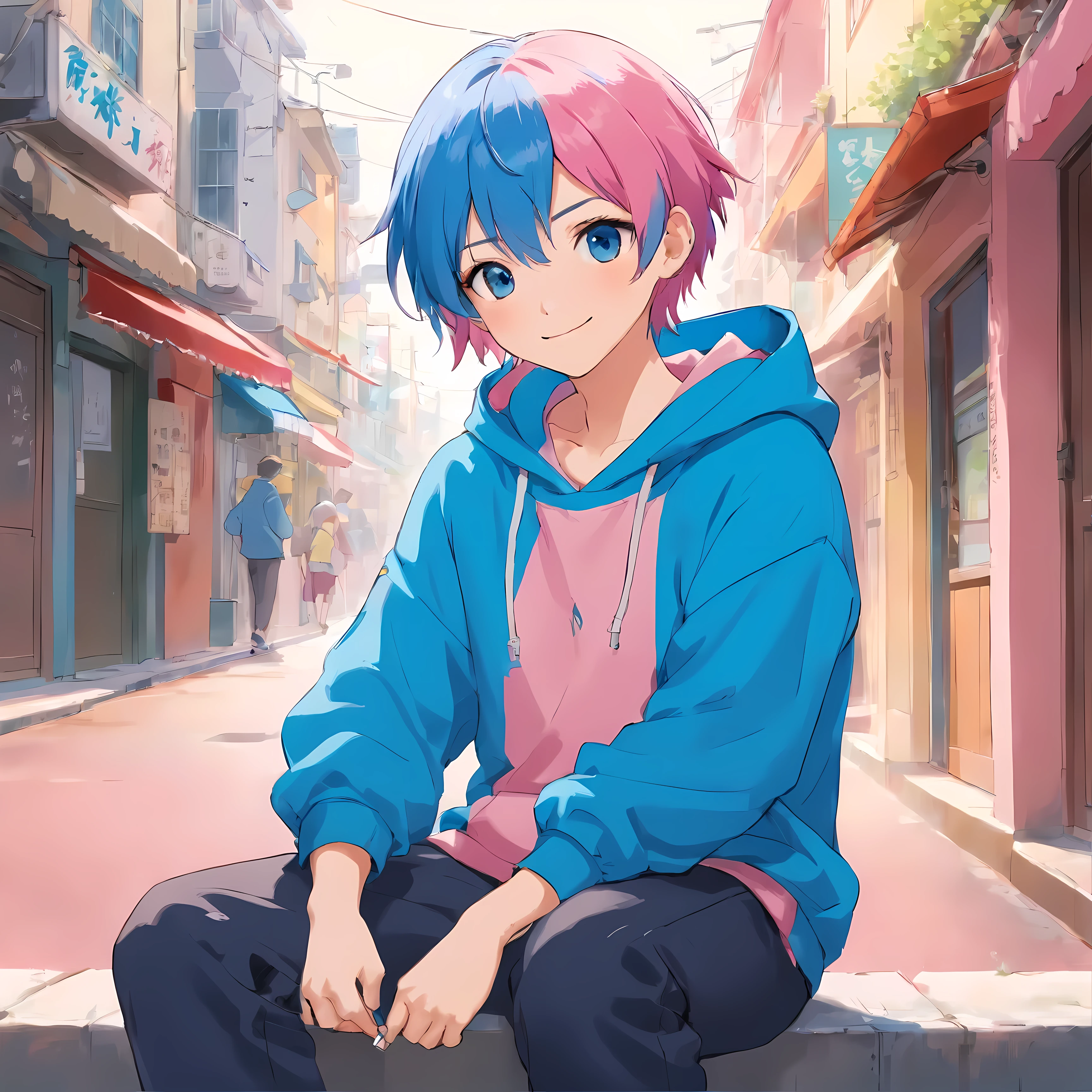 male:1.4、anime characters、blue sneakers、smile、((short hair、Two-color hair color、2Color Hair Color:1.1、Blue hair color、pink hair))、whole body、sitting、people only、ID photo、Hooded hoodie in pink、Black skinny pants、the background is white