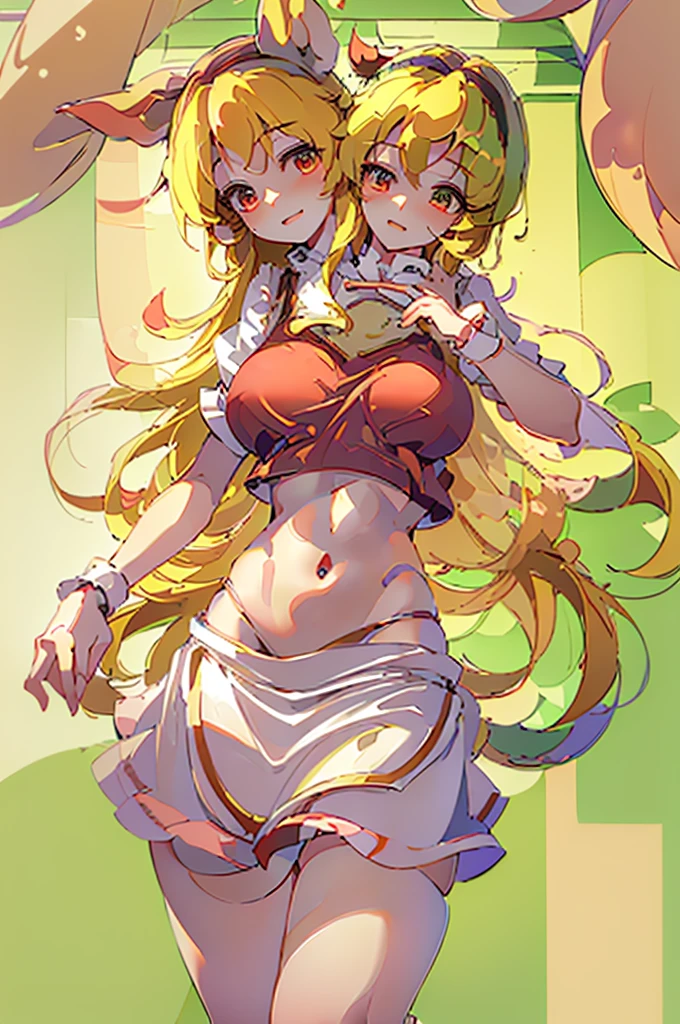 (masterpiece, best quality), best quality, (ultra-detailed), (3heads:1.5), 1girl, (ellen (touhou):1.3), masterpiece, best quality, red top, crop top, ((stomach)), midriff, ((groin)), red skirt, normal ears, shackles, blonde hair, very long hair, wavy hair, sidelocks, green eyes, parted lips, single horn, sweat, cute, toned belly, hand on own chest, eyelashes, (24 year old woman:1.3), (masterpiece:1.4), (best quality:1.4), (beautiful detailed, extremely detailed CG, extremely delicate and beautiful, depth of field, (finely detailed face), (perfect details:1.0), (mature female:1.3), wide pelvis, slender, large veiny breast, 8k resolution, high quality, high definition, extremely detailed, masterpiece, best quality, blonde hair, long hair, alluring presence, braid, short skirt, close up, big tits, young, hairband, red hairband, waist apron,