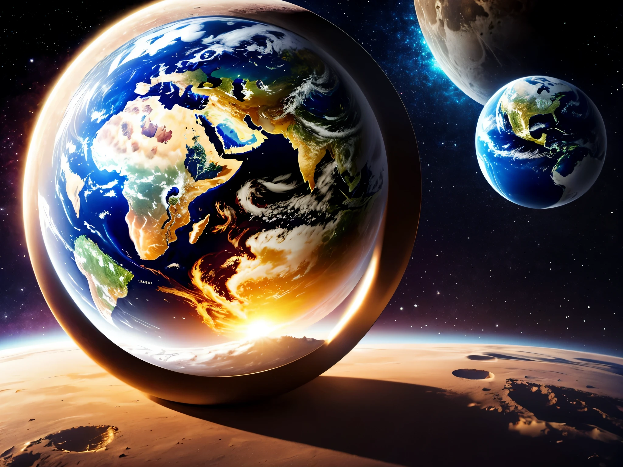 glass globe with the Earth inside it, on lunar surface with dark sky and stars, Miki Asai Macro photography, close-up, hyper detailed, trending on artstation, sharp focus, studio photo, intricate details, highly detailed, by greg rutkowski