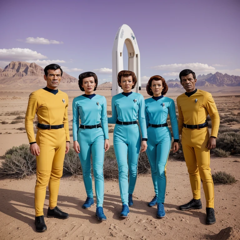 Star Trek-style crew on an alien planet, Lost in Space series style, perfect face Image of a group of people in spacesuits on an alien planet set in a 1950s science fiction TV series, 1950s science fiction, vintage sci-fi, ambiente externo, scenic alien planet surface, ((externa))