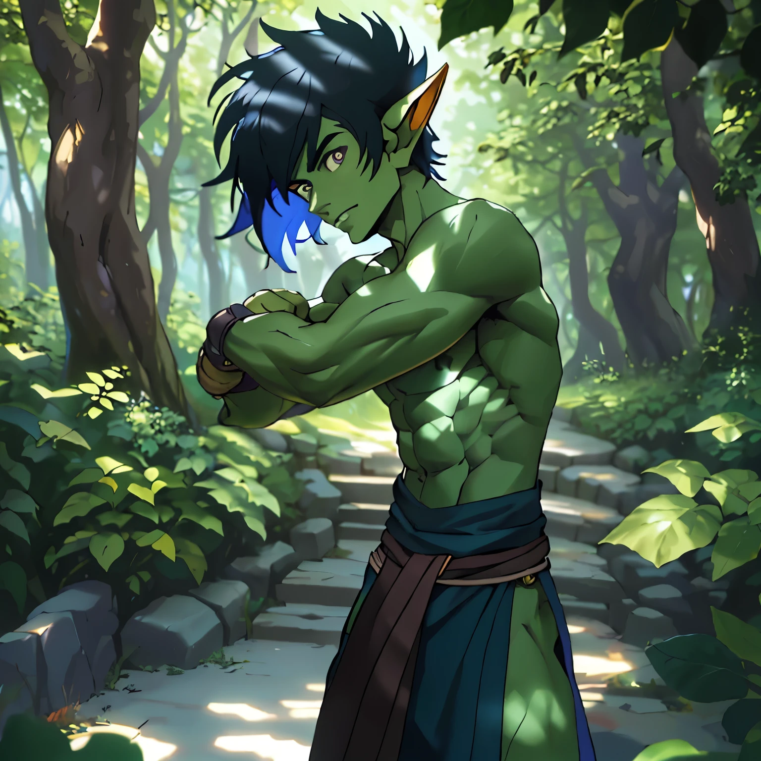 (1 Green male goblin),  Lean, slender waist, athletic, green skin, black hair, tight medieval thong, defined thighs, medieval dungeon setting, The artwork is created using oil painting technique, with intricate details and vibrant colors. The overall image quality is of the highest caliber, with sharp focus and ultra-fine painting strokes. The scene is captured with a realistic and photorealistic style, making it appear as a masterpiece. The color tone is vivid and vibrant. The lighting is carefully crafted, with the sunlight filtering through the leaves and creating a play of light and shadow., (nude), front view, mediação fantasy 