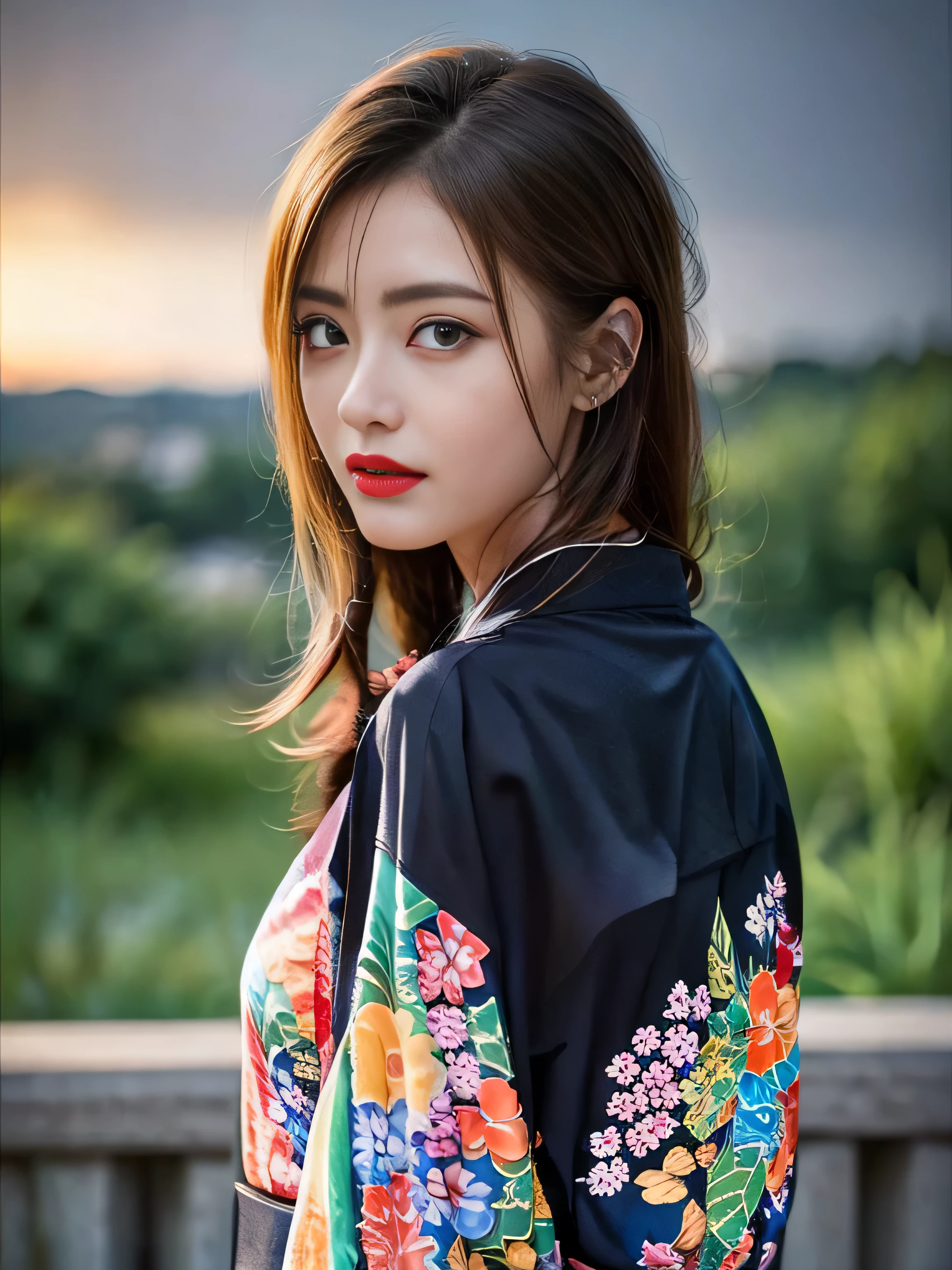 1 female、(super beautiful)、(Beautiful and sad face:1.5)、(detailed face:1.4)、Early 30s、(red pattern on black kimono:1.3)、(Wearing heavy makeup)、(red lips:1.3)、brown hair、(Just after sunset:1.2)、(The sky changes from sunset to night:1.3)、(Backlight)、If someone takes you、I want to kill you、Joren Falls、I want to see you even if I pass through the dazzling flames、Mountain. Gancheng、unforgivable love