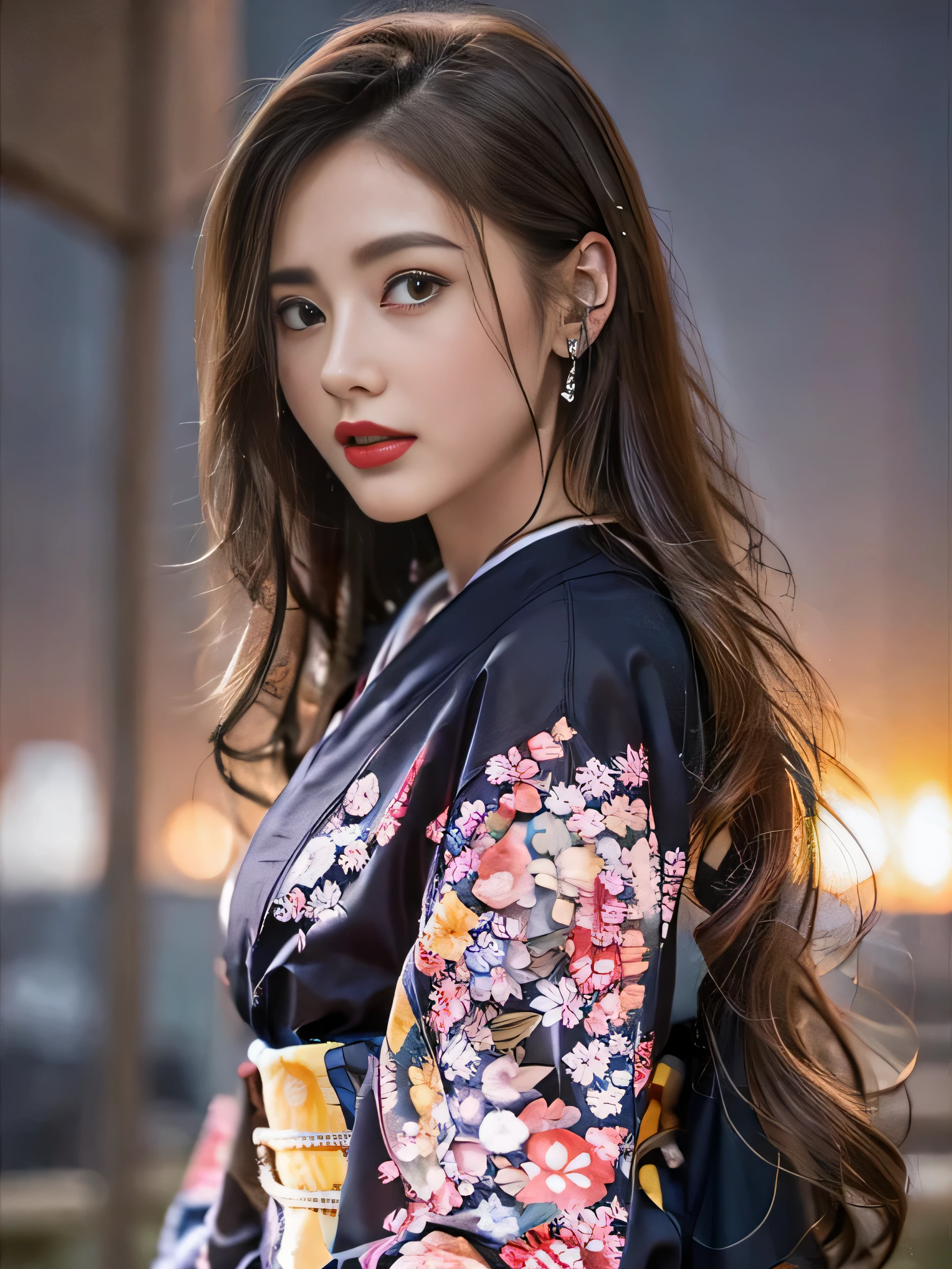 1 female、(super beautiful)、(Beautiful and sad face:1.5)、(detailed face:1.4)、Early 30s、(red pattern on black kimono:1.3)、(Wearing heavy makeup)、(red lips:1.3)、brown hair、(Just after sunset:1.2)、(The sky changes from sunset to night:1.3)、(Backlight)、If someone takes you、I want to kill you、Joren Falls、I want to see you even if I pass through the dazzling flames、Mountain. Gancheng、unforgivable love、Countryside landscape in Japan