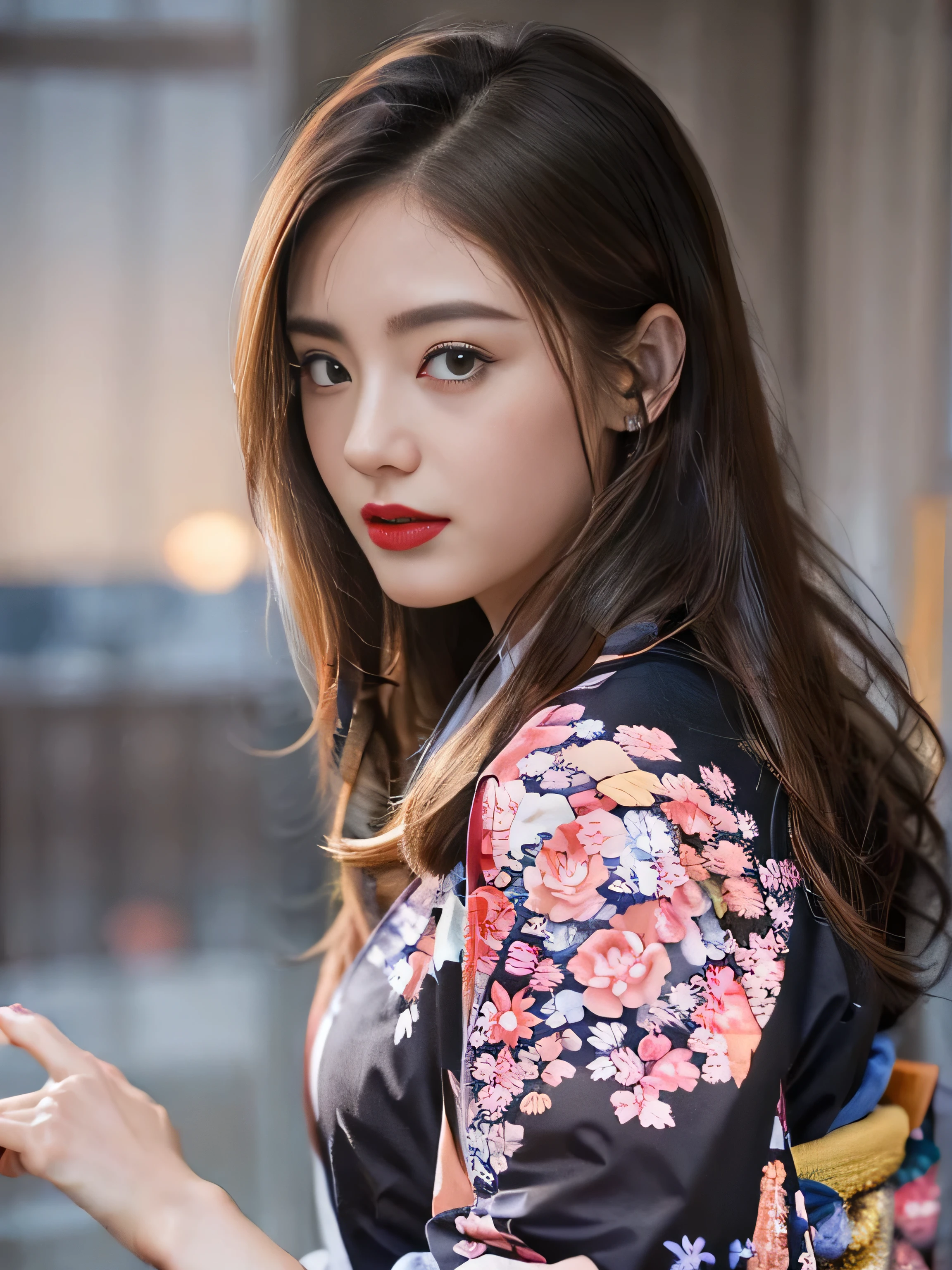 1 female、(super beautiful)、(Beautiful and sad face:1.5)、(detailed face:1.4)、Early 30s、(red pattern on black kimono:1.3)、(Wearing heavy makeup)、(red lips:1.3)、brown hair、(Just after sunset:1.2)、(The sky changes from sunset to night:1.3)、(Backlight)、If someone takes you、I want to kill you、Joren Falls、I want to see you even if I pass through the dazzling flames、Mountain. Gancheng、unforgivable love、Countryside landscape in Japan