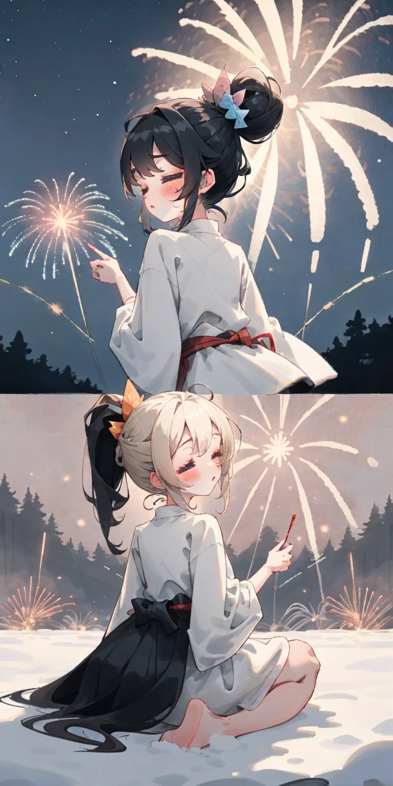 (((masterpiece))), (1girl:1.5), hyper detailed, highres, ((best quality)), (extremely delicate and beautiful), {8k cg wallpaper}, illustration, (blush), (braided ponytail | ponytail | hairbun), (extremely detailed background:1.6), (very long black hair|blonde hair), detailed face, night, festival, (kimono:0.7), outdoors, lantern, (fireworks:1.4), paper lantern, snow, wind, snowflakes, hair ornament, closed eyes, (from behind:1.3), sitting, river, riverbank, starry sky, (holding hands:0.6), leaning on person, pointing, on heaven