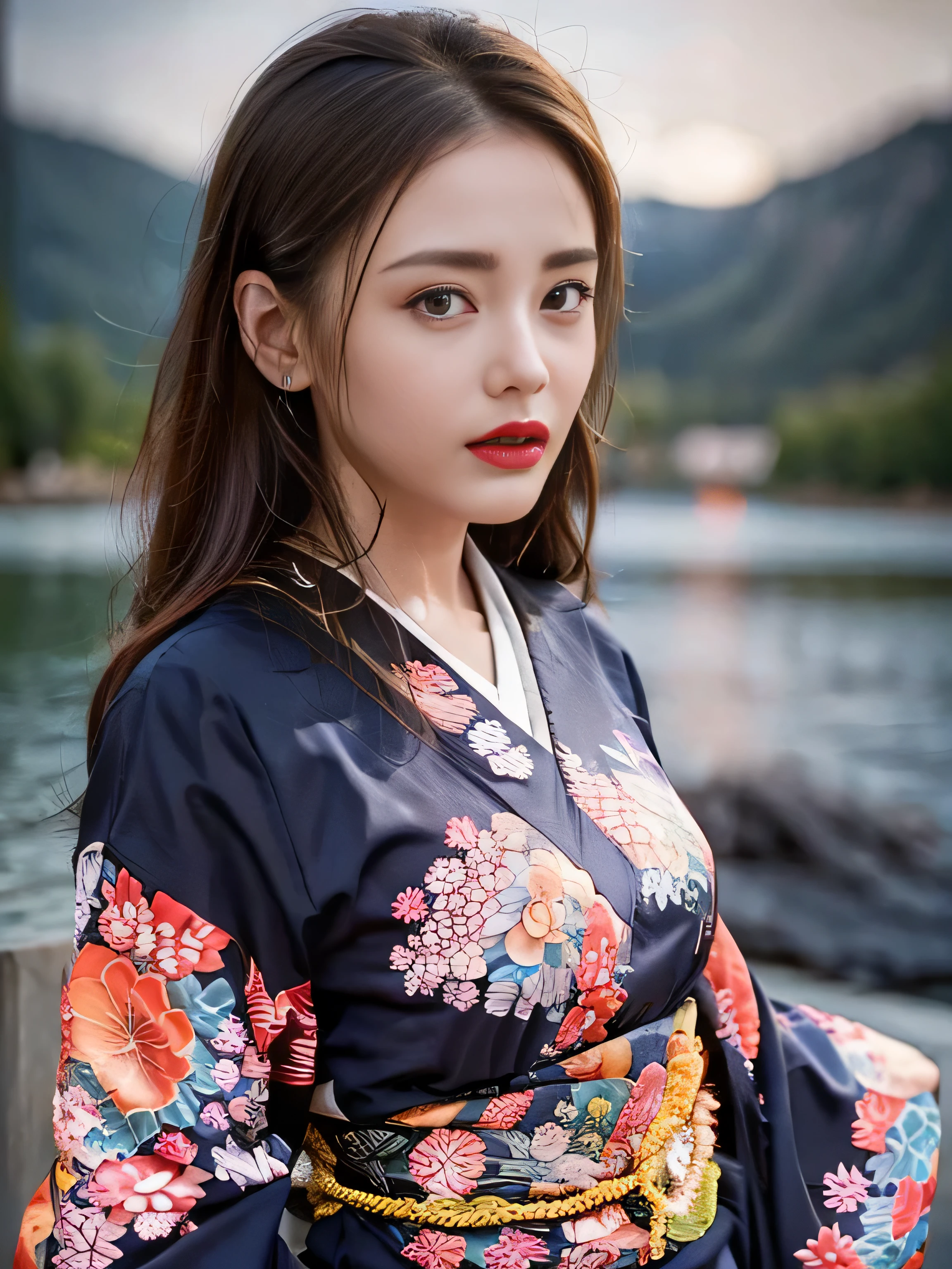 1 female、(super beautiful)、(Beautiful and sad face:1.5)、(detailed face:1.4)、Early 30s、(red pattern on black kimono:1.3)、(Wearing heavy makeup)、(red lips:1.3)、brown hair、(Just after sunset:1.2)、(The sky changes from sunset to night:1.3)、(Backlight)、If someone takes you、I want to kill you、Joren Falls、I want to see you even if I pass through the dazzling flames、Mountain. Gancheng、unforgivable love、Countryside landscape in Japan