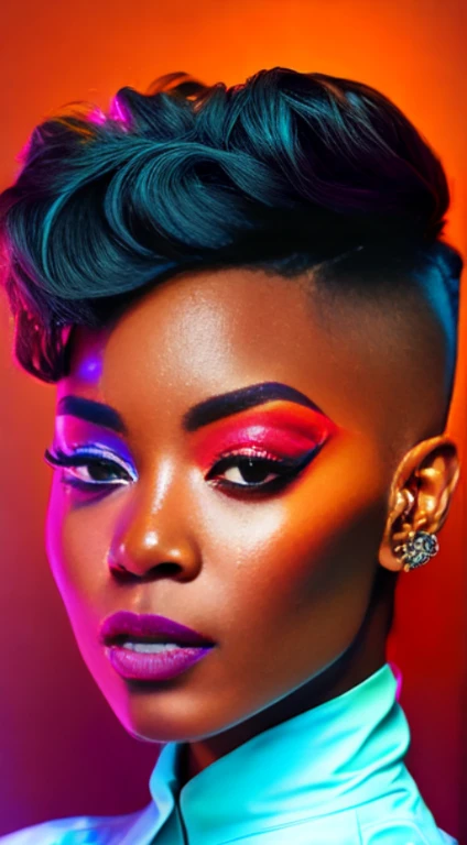 an AFRICAN woman a pair of glasses, Tapered hair, well cut, well shaved on the sides and back, style, a crazy piece, brincos, Colorful Trackextura, color studio portrait, cores ultravioleta e neon, full-colour illustration, cores vibrantes hiper realismo, cores neon vibrantes, pop e cores vibrantes, moda colorida, cor neon, cor estilo cyberpunk, iridescent illustration(best quality,alto,ultra-detalhado,Realistic:1.37),retrato,personagem feminina,red latex military jumpsuit,(encaixe apertado,recuado,preciso,elaborar),Solid Bottom Shaved Side Hair Short Top, corte de cabelo preto pixie undercut, cabelos naturais, cabelos cacheados e curtos, laterais raspadas, short hair on sides of head, cabelo preto curto com gel, corte de cabelo de cortina curta preta, cabelo curto preto encaracolado, contornos definidos suaves