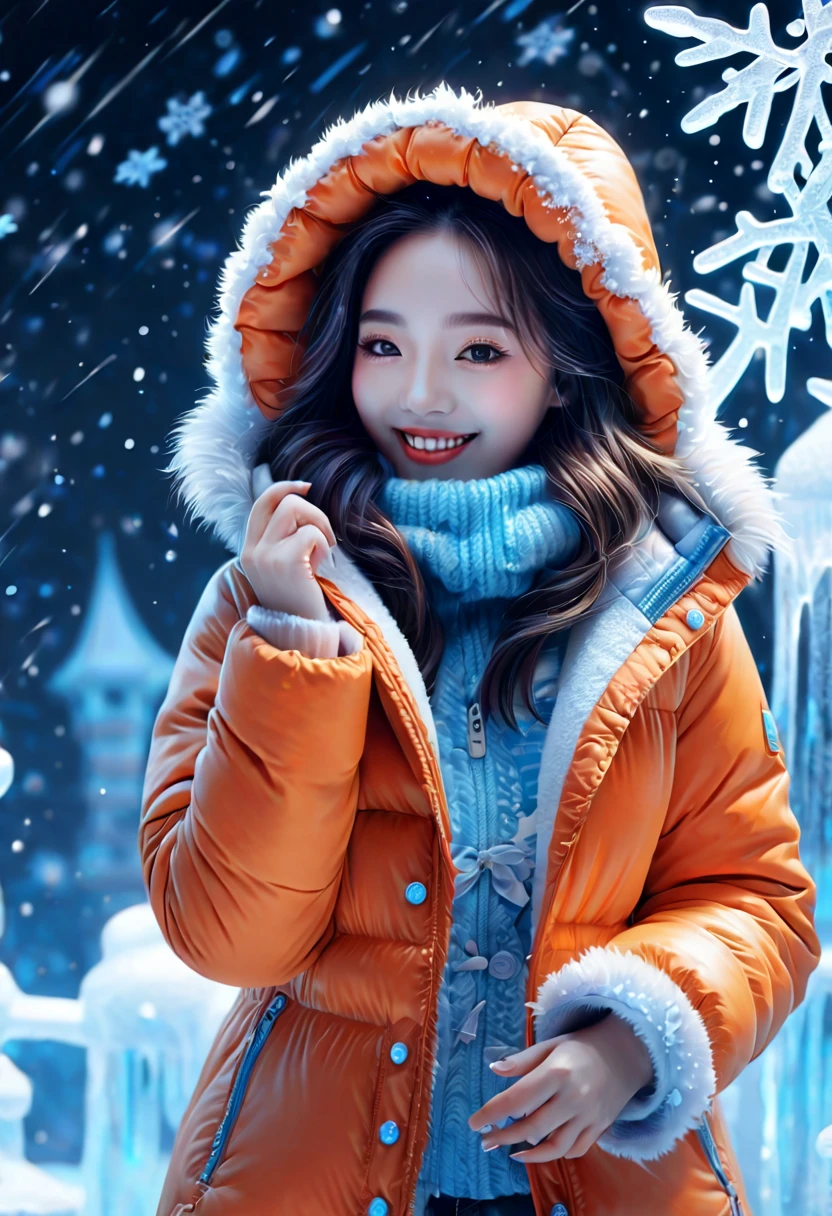 (panoramic:1.5), An imaginative and detailed illustration of a fantasy female friend, depicted as a cute and beautiful girl. Her face is lit up with a happy smile, and she is fashionably dressed in a bright orange puffer jacket. The setting is a magical ice sculpture world, with an icy, snowy landscape filled with snowflakes. The girl is a blend of wisdom, beauty, and diligence, representing a sweet and ideal character. The image is created with creative flair, showcasing the girl enjoying herself in this enchanting, frosty environment, embodying a sense of joy and wonder, , (花卉水彩画:1.5)，(超高饱和度, 色彩明亮鲜艳:1.5), (nsfw), (正面看着观众:1.5)