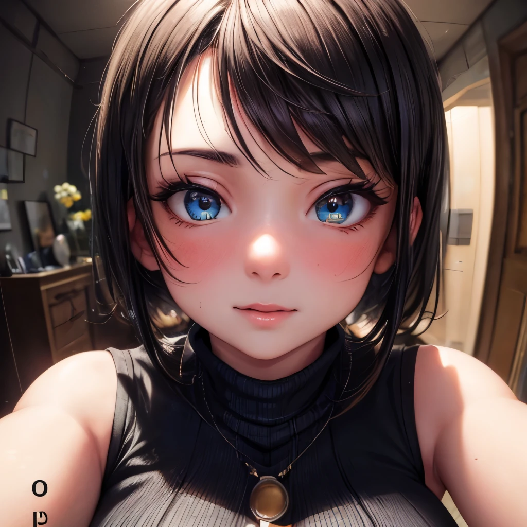 (highest quality, High resolution:1.2), 1 girl, beautiful and fine eyes, beautiful detailed lips, highly detailed eyes and face, long eyelashes, Moderate:oil, Bright colors, HDR, studio lighting, Ultra-fine painting, sharp focus, Physically based rendering, extreme details, portrait, curved body, big breasts, perfect shape, show one's side, Face-to-face audience, sweaty, nice, Raise the hand, half body photo, Appeared in full frame, sleeveless turtleneck, fisheye lens, curved perspective
