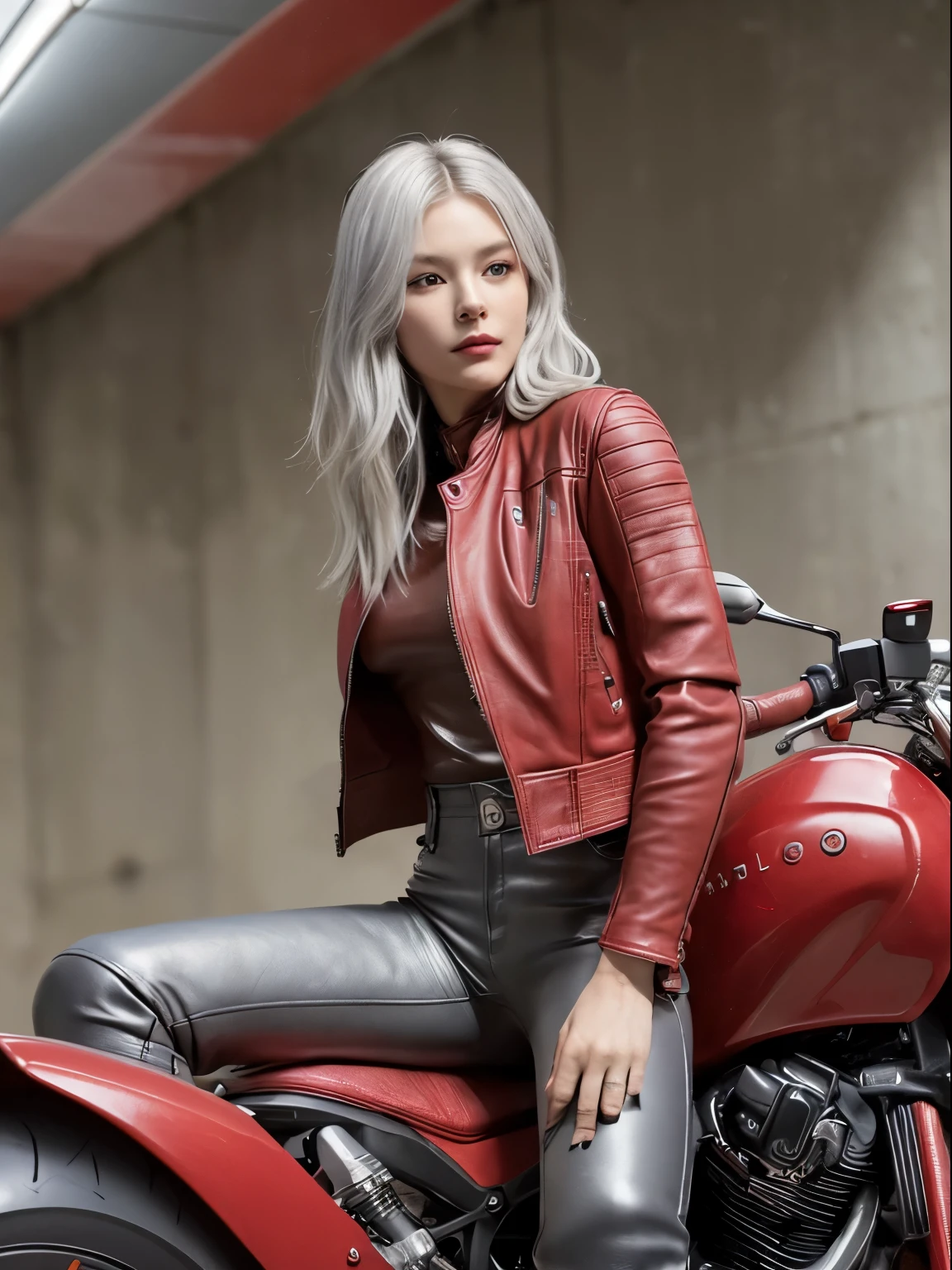 ((best quality)), ((masterpiece)), ((perfect face))、Detailed and clear photos、30 year old woman alone、((red leather jacket and leather pants)))、(((Riding a detailed sci-fi movie motorcycle)))、silver hair、run through a futuristic tunnel、Oblique view from above