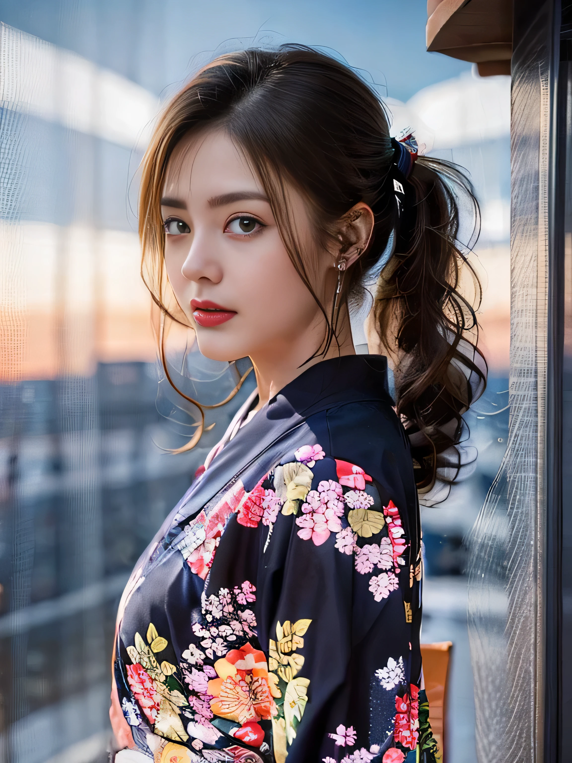 1 female、(super beautiful)、(Beautiful and sad face:1.5)、(detailed face:1.4)、Early 30s、(red pattern on black kimono:1.3)、(Wearing heavy makeup)、(red lips:1.3)、brown hair、(Just after sunset:1.2)、(The sky changes from sunset to night:1.3)、(Backlight)、If someone takes you、I want to kill you、Joren Falls、I want to see you even if I pass through the dazzling flames、Mountain. Gancheng、unforgivable love、Countryside landscape in Japan