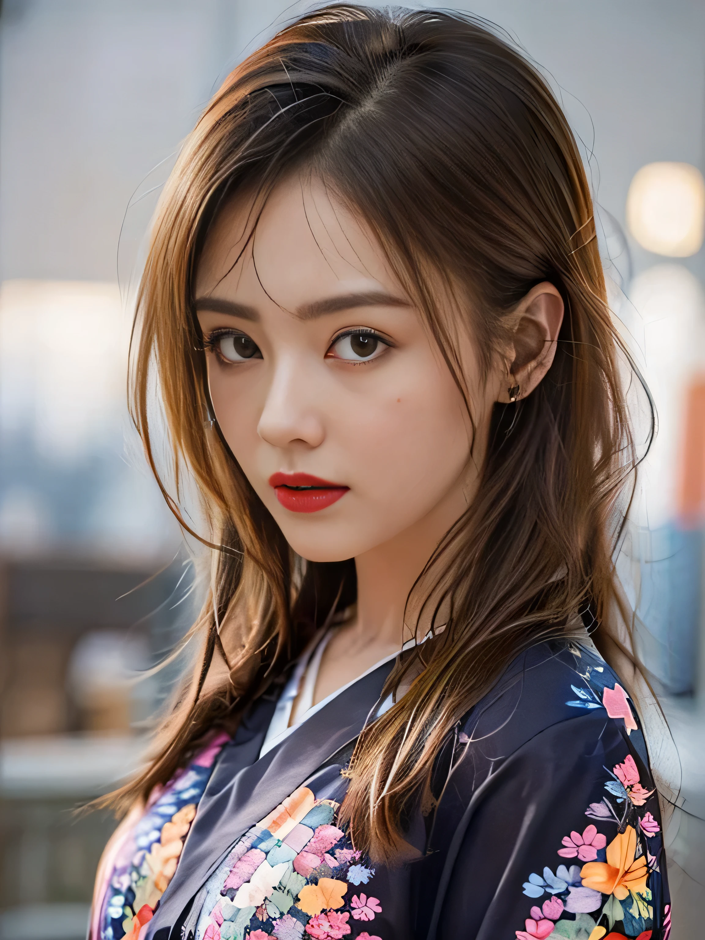 1 female、(super beautiful)、(Beautiful and sad face:1.5)、(detailed face:1.4)、Early 30s、(red pattern on black kimono:1.3)、(Wearing heavy makeup)、(red lips:1.3)、brown hair、(Just after sunset:1.2)、(The sky changes from sunset to night:1.3)、(Backlight)、If someone takes you、I want to kill you、Joren Falls、I want to see you even if I pass through the dazzling flames、Mountain. Gancheng、unforgivable love、Countryside landscape in Japan