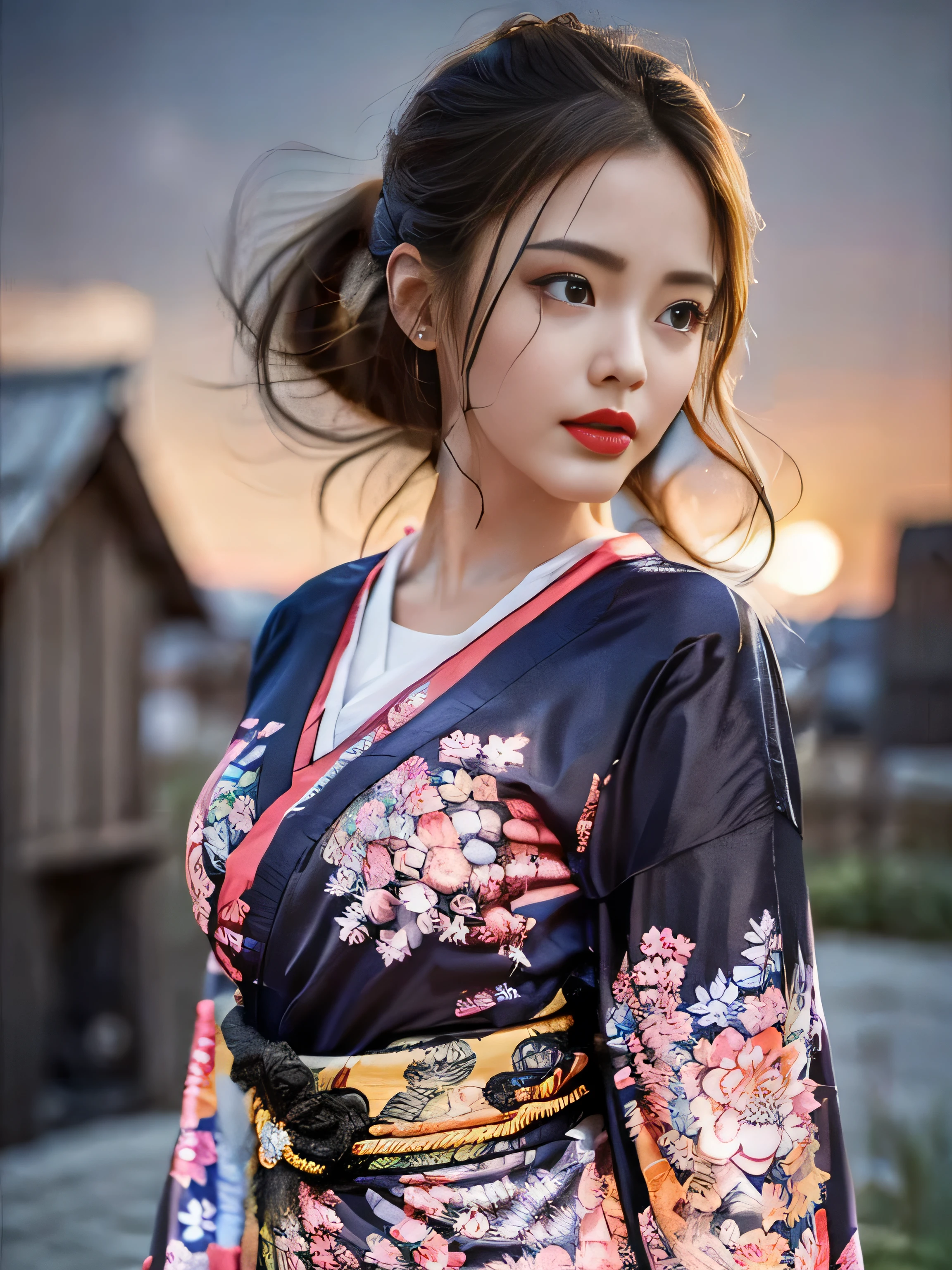 1 female、(super beautiful)、(Beautiful and sad face:1.5)、(detailed face:1.4)、Early 30s、(red pattern on black kimono:1.3)、(Wearing heavy makeup)、(red lips:1.3)、brown hair、(Just after sunset:1.2)、(The sky changes from sunset to night:1.3)、(Backlight)、If someone takes you、I want to kill you、Joren Falls、I want to see you even if I pass through the dazzling flames、Mountain. Gancheng、unforgivable love、Countryside landscape in Japan