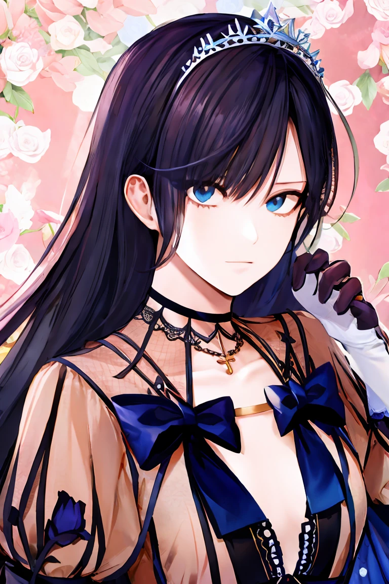 shoujo-style, jk style, (floral background), romance manhwa, (nagisa), 1girl, solo, long hair, flower, dress, tiara, white dress, gloves, long sleeves, choker, mascara, makeup, white gloves, black bow, black flower, bow, jewelry, looking at viewer, collarbone, puffy sleeves, silver accessories, upper body, bangs, blue dress, frills, closed mouth, detailed eyes