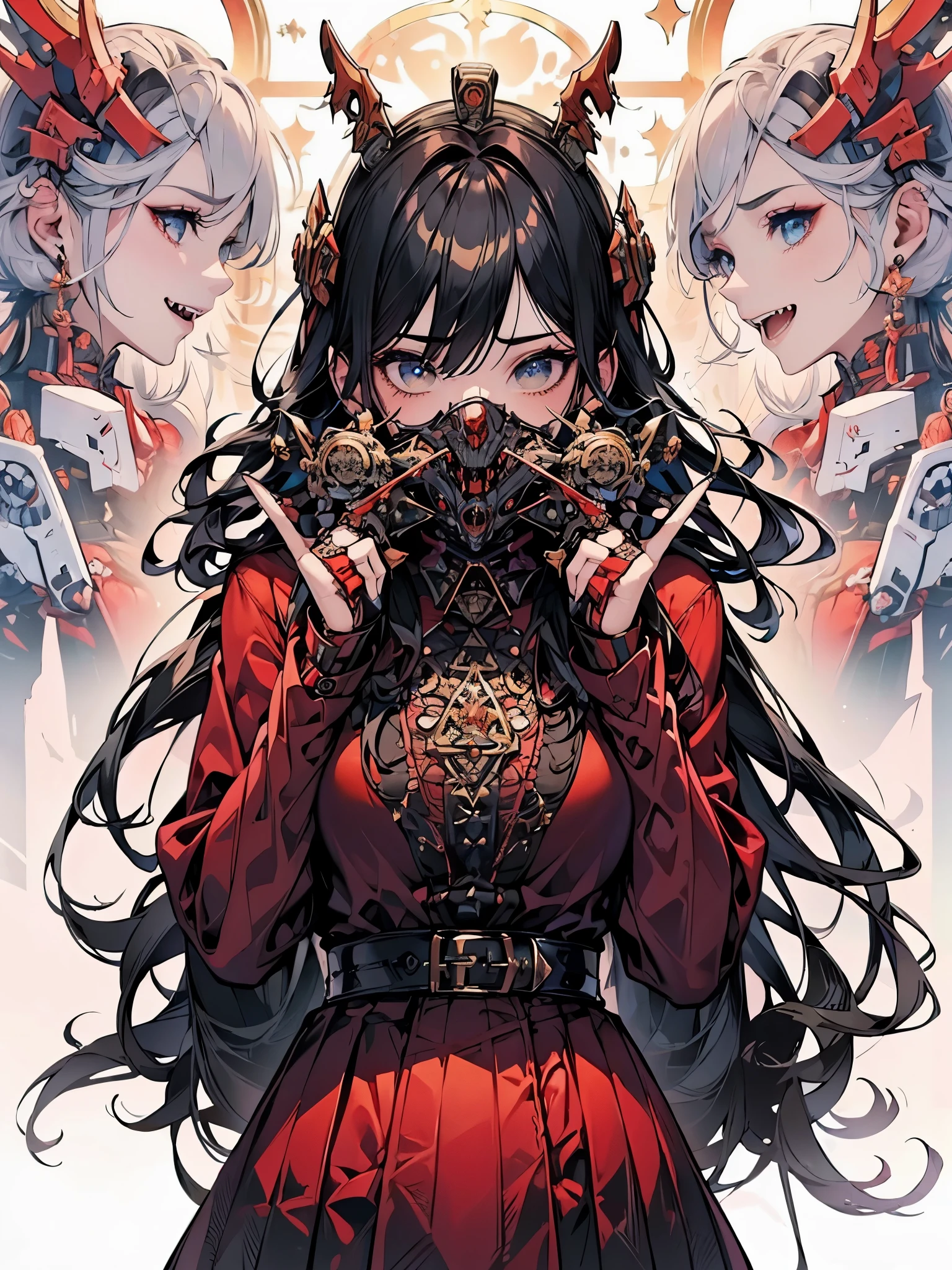 {{obra de arte}},melhor qualidade,altamente detalhado,papel de parede CG Unit 8K extremamente detalhado,illustration, 1 garota, olhos vermelhos luminosos, cabelos prateados ondulados, Orelhas pontudas, (((Technological vampire mask with fangs))), vestir, colar, flor de cabelo, neve, Gelo, corpo todo, tomada,Close alto, altamente detalhado,moldura central,sharp focus, olhando para o espectador, cabelos floting, bunda grande, pernas grossas