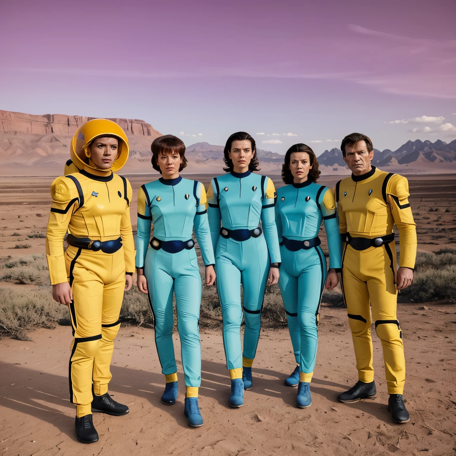 Star Trek-style crew on an alien planet, Lost in Space series style, perfect face Image of a group of people in spacesuits on an alien planet set in a 1950s science fiction TV series, 1950s science fiction, vintage sci-fi, ambiente externo, scenic alien planet surface, ((externa))