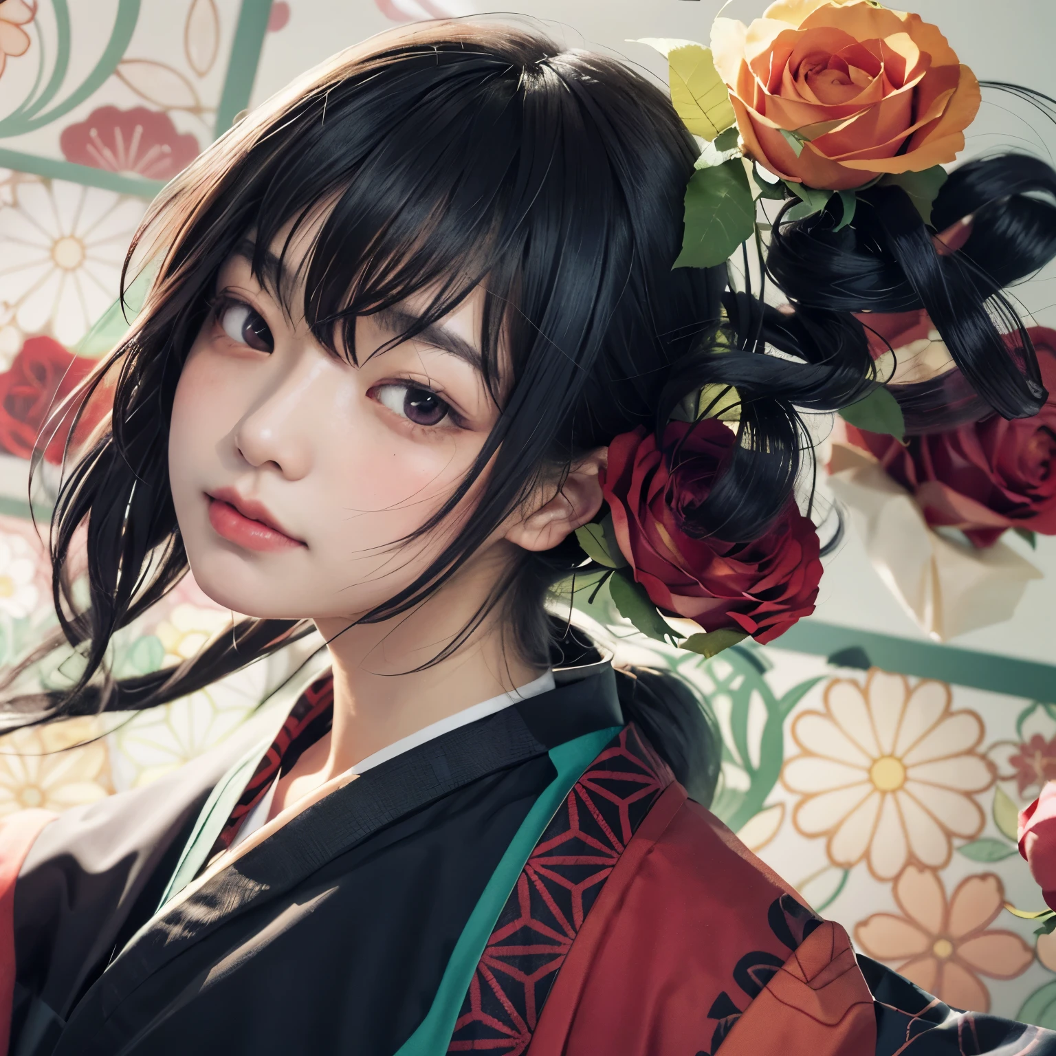 anime girl with flowers and red roses in hair, Okita Sougo, inspired by Takehisa Yumeji, Anime portrait of Ringo Shiina, inspired by Kose Kanaoka, inspired by Nishikawa Sukenobu, shuushuu anime image, sougo okita, Inspired by Takanobu Fujiwara