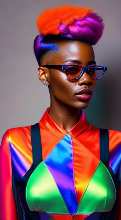an AFRICAN woman a pair of glasses, facing front, very beautiful woen, Tapered hair, well cut, well shaved on the sides and back, style, a crazy piece, brincos, Colorful Trackextura, color studio portrait, cores ultravioleta e neon, full-colour illustration, cores vibrantes hiper realismo, cores neon vibrantes, pop e cores vibrantes, moda colorida, cor neon, cor estilo cyberpunk, iridescent illustration(best quality,alto,ultra-detalhado,Realistic:1.37),retrato,personagem feminina,red latex military jumpsuit,(encaixe apertado,recuado,preciso,elaborar),Solid Bottom Shaved Side Hair Short Top, corte de cabelo preto pixie undercut, cabelos naturais, cabelos cacheados e curtos, laterais raspadas, short hair on sides of head, cabelo preto curto com gel, corte de cabelo de cortina curta preta, cabelo curto preto encaracolado, contornos definidos suaves