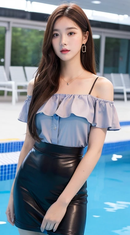 ((highest quality, 8K, masterpiece: 1.3)), 1 girl, beauty: 1.3, (hairstyle casual, big breasts: 1.2), sleeveless off shoulder shirt, leather skirt: 1.1, tights, super fine face, medium depth, Cherry small mouth, delicate eyes, double eyelid, pear-shaped body, small waist, swimming pool