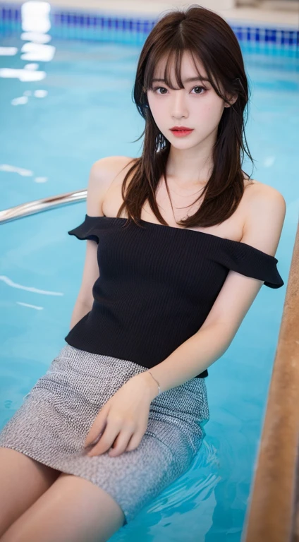 ((highest quality, 8K, masterpiece: 1.3)), 1 girl, beauty: 1.3, (hairstyle casual, big breasts: 1.2), sleeveless off shoulder shirt, leather skirt: 1.1, tights, super fine face, medium depth, Cherry small mouth, delicate eyes, double eyelid, pear-shaped body, small waist, swimming pool