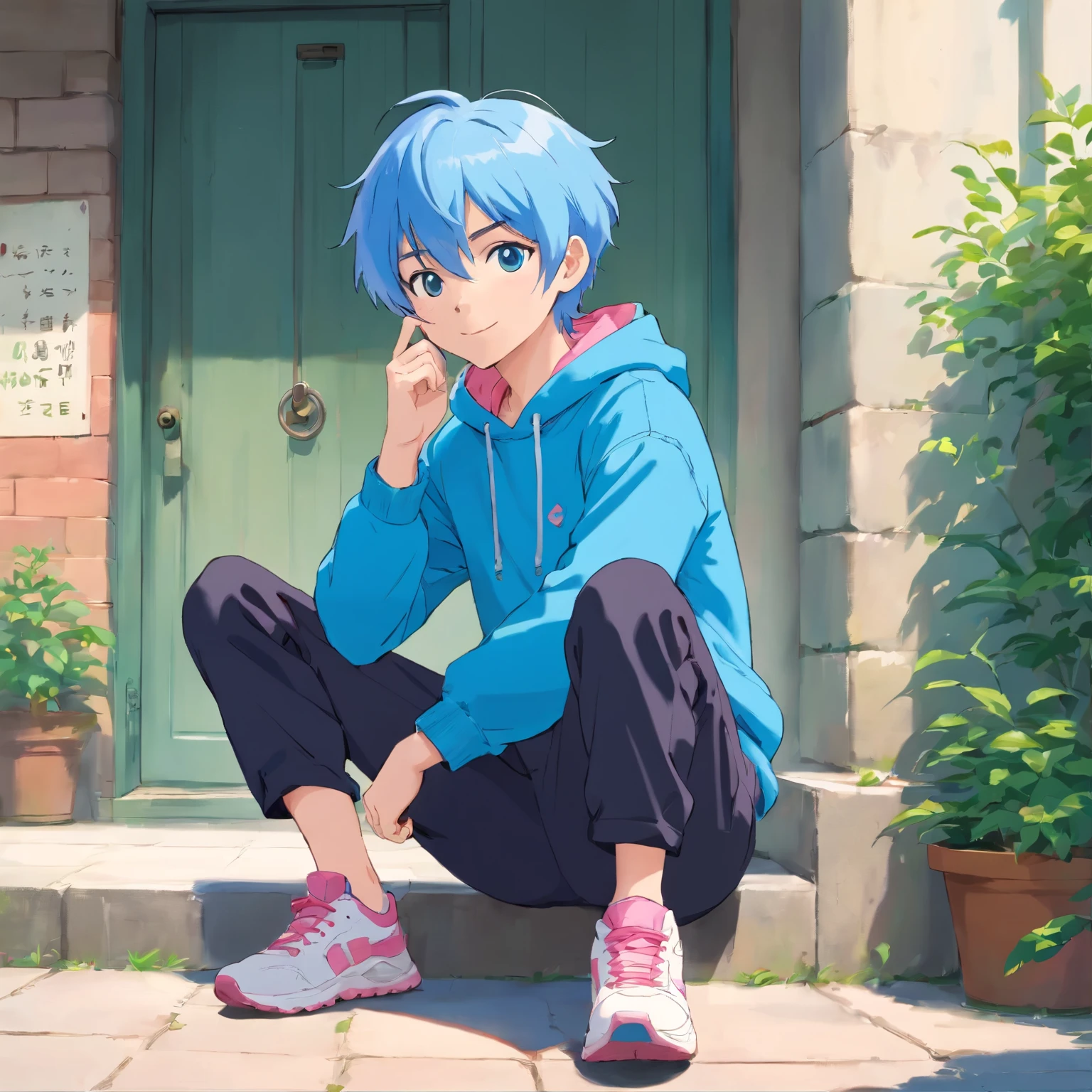 male:1.4、anime characters、blue sneakers、smile、((Shorthair、2Color hair color、Blue hair color、pink hair))、whole body、sitting、People only、ID photo、(highest quality,4K,8K,High resolution,masterpiece:1.2)、cool young man、male、Hooded hoodie in pink、Black skinny pants、background is white