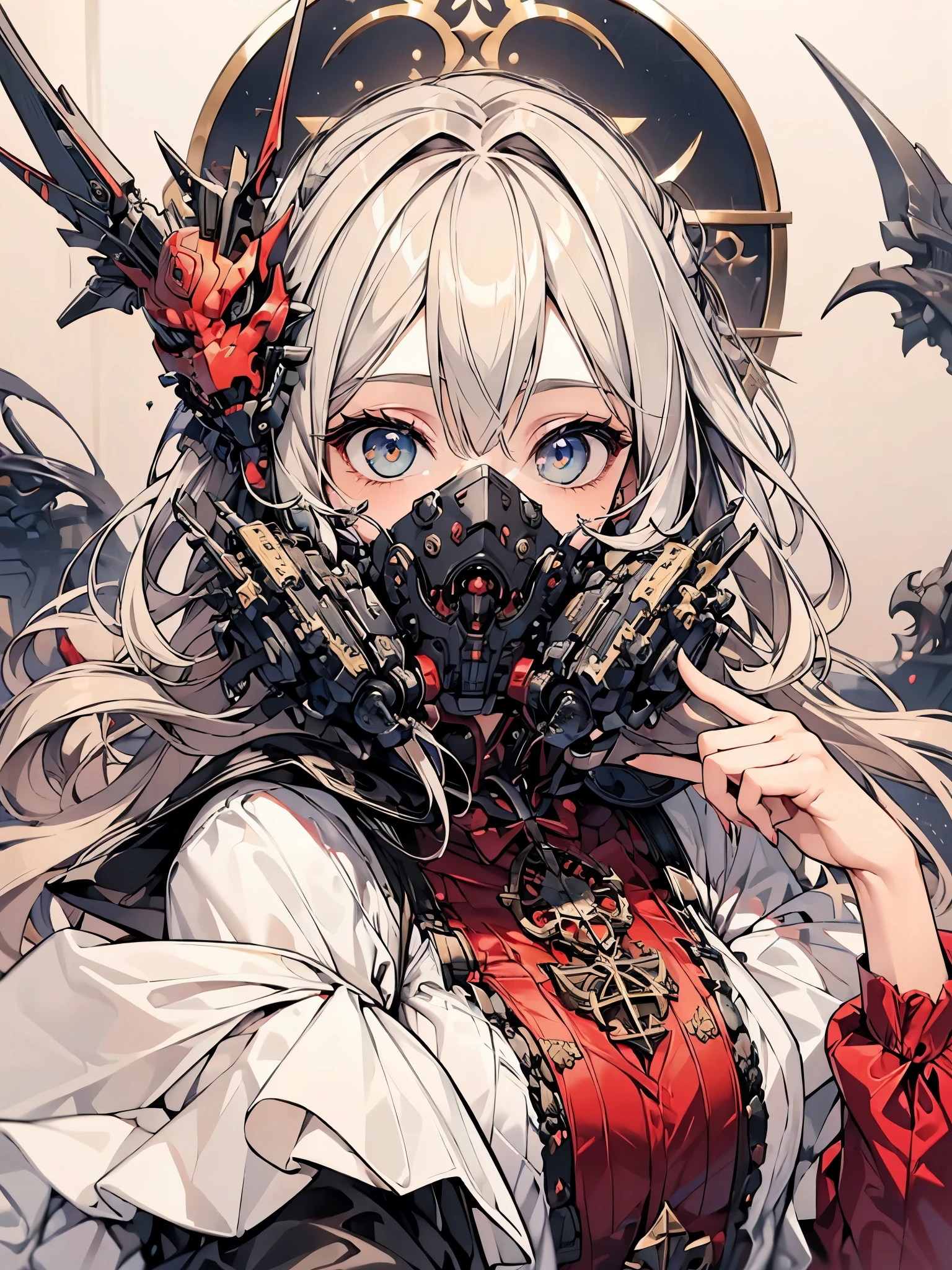 {{obra de arte}},melhor qualidade,altamente detalhado,papel de parede CG Unit 8K extremamente detalhado,illustration, 1 garota, olhos vermelhos luminosos, cabelos prateados ondulados, Orelhas pontudas, (((Technological vampire mask with fangs))), vestir, colar, flor de cabelo, neve, Gelo, corpo todo, tomada,Close alto, altamente detalhado,moldura central,sharp focus, olhando para o espectador, cabelos floting, bunda grande, pernas grossas