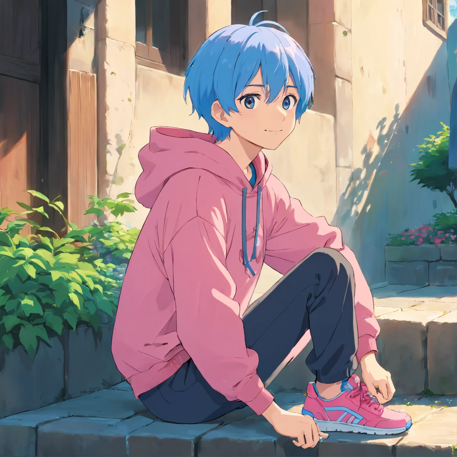 male:1.4、anime characters、((Very Shorthair、２Colored hair色、Blue and pink２Colored hair))、(Pink sneakers、blue hooded hoodie、Black skinny pants)、smile、whole body、sitting、(highest quality,4K,8K,High resolution,masterpiece:1.2)、cool young man、male、background is white