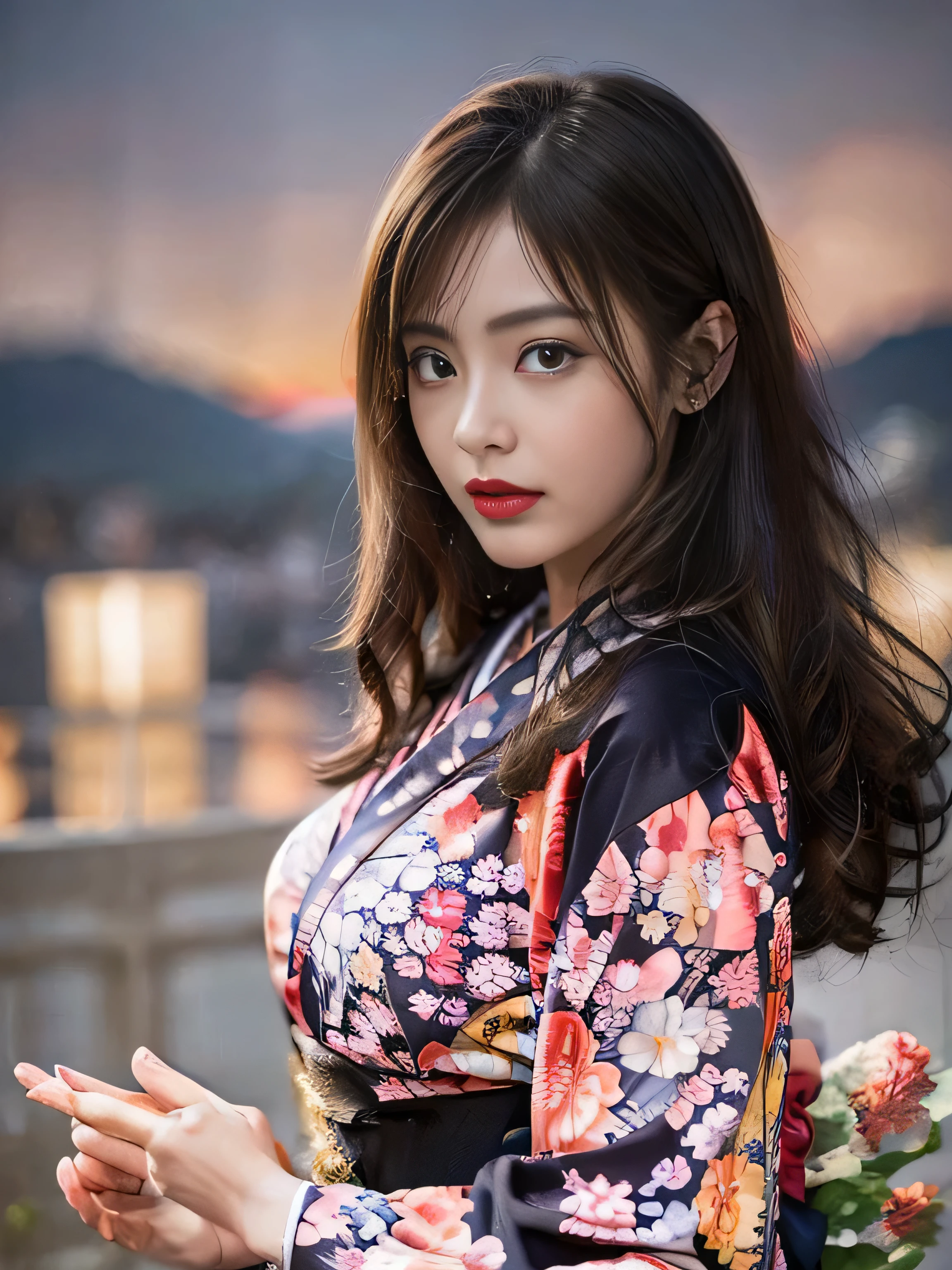 1 female、(super beautiful)、(Beautiful and sad face:1.5)、(detailed face:1.4)、Early 30s、(red pattern on black kimono:1.3)、(Wearing heavy makeup)、(red lips:1.3)、brown hair、(Just after sunset:1.2)、(The sky changes from sunset to night:1.3)、(Backlight)、If someone takes you、I want to kill you、Joren Falls、I want to see you even if I pass through the dazzling flames、Mountain. Gancheng、unforgivable love、Countryside landscape in Japan