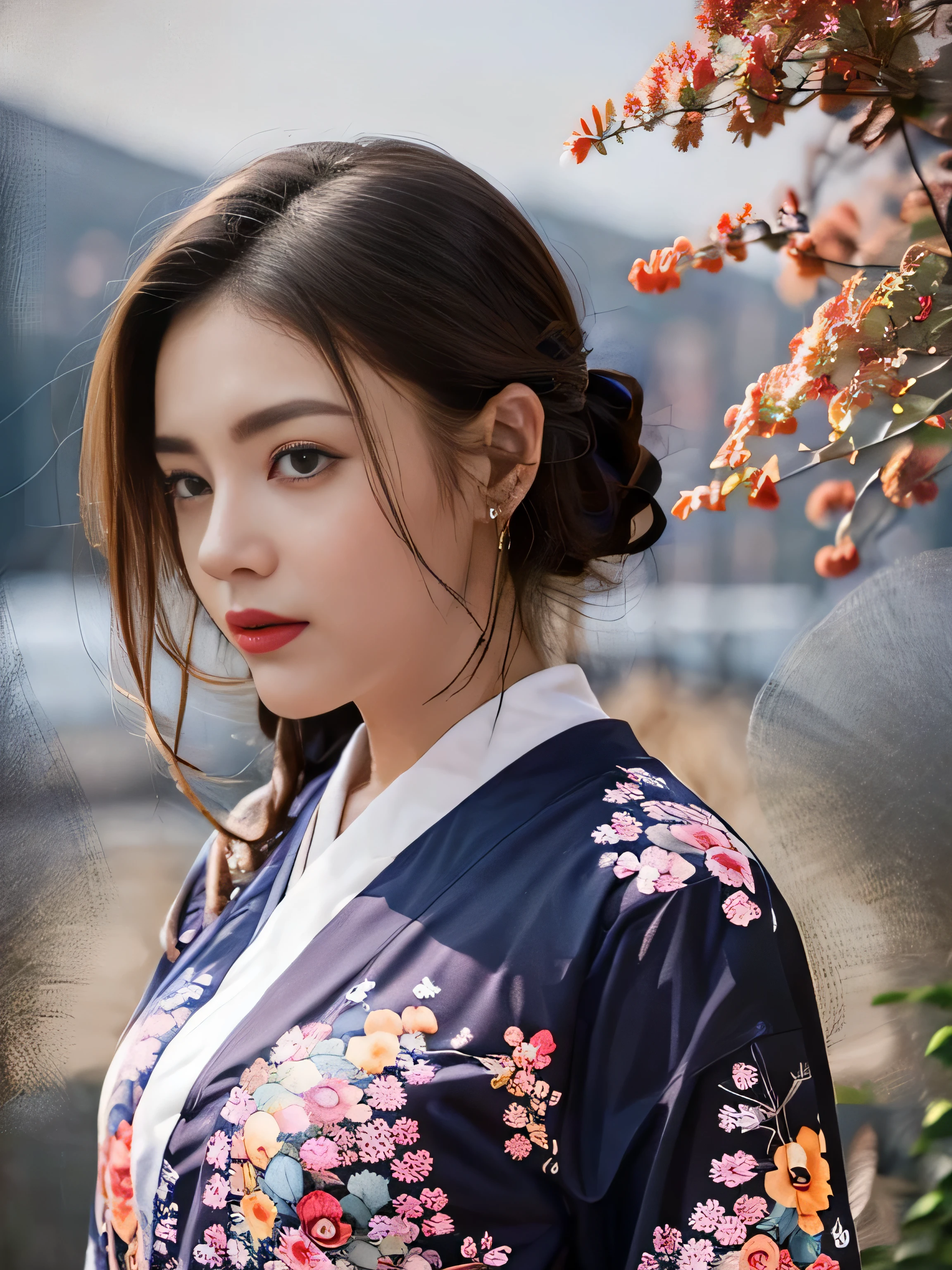 1 female、(super beautiful)、(Beautiful and sad face:1.5)、(detailed face:1.4)、Early 30s、(red pattern on black kimono:1.3)、(Wearing heavy makeup)、(red lips:1.3)、brown hair、(Just after sunset:1.2)、(The sky changes from sunset to night:1.3)、(Backlight)、If someone takes you、I want to kill you、Joren Falls、I want to see you even if I pass through the dazzling flames、Mountain. Gancheng、unforgivable love、Countryside landscape in Japan