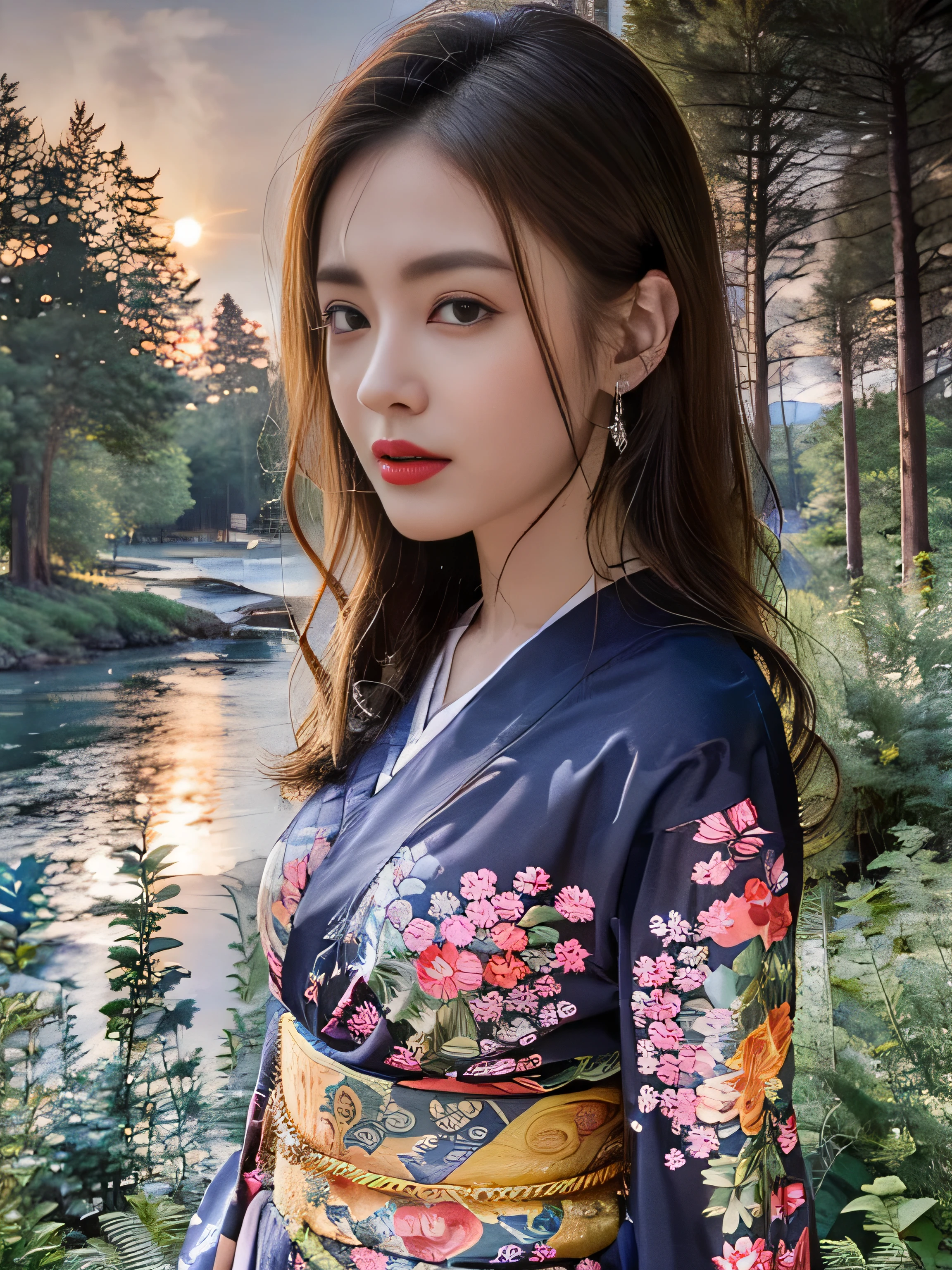 1 female、(super beautiful)、(Beautiful and sad face:1.5)、(detailed face:1.4)、Early 30s、(red pattern on black kimono:1.3)、(Wearing heavy makeup)、(red lips:1.3)、brown hair、(Just after sunset:1.2)、(The sky changes from sunset to night:1.3)、(Backlight)、If someone takes you、I want to kill you、Joren Falls、I want to see you even if I pass through the dazzling flames、Mountain. Gancheng、unforgivable love、Countryside landscape in Japan