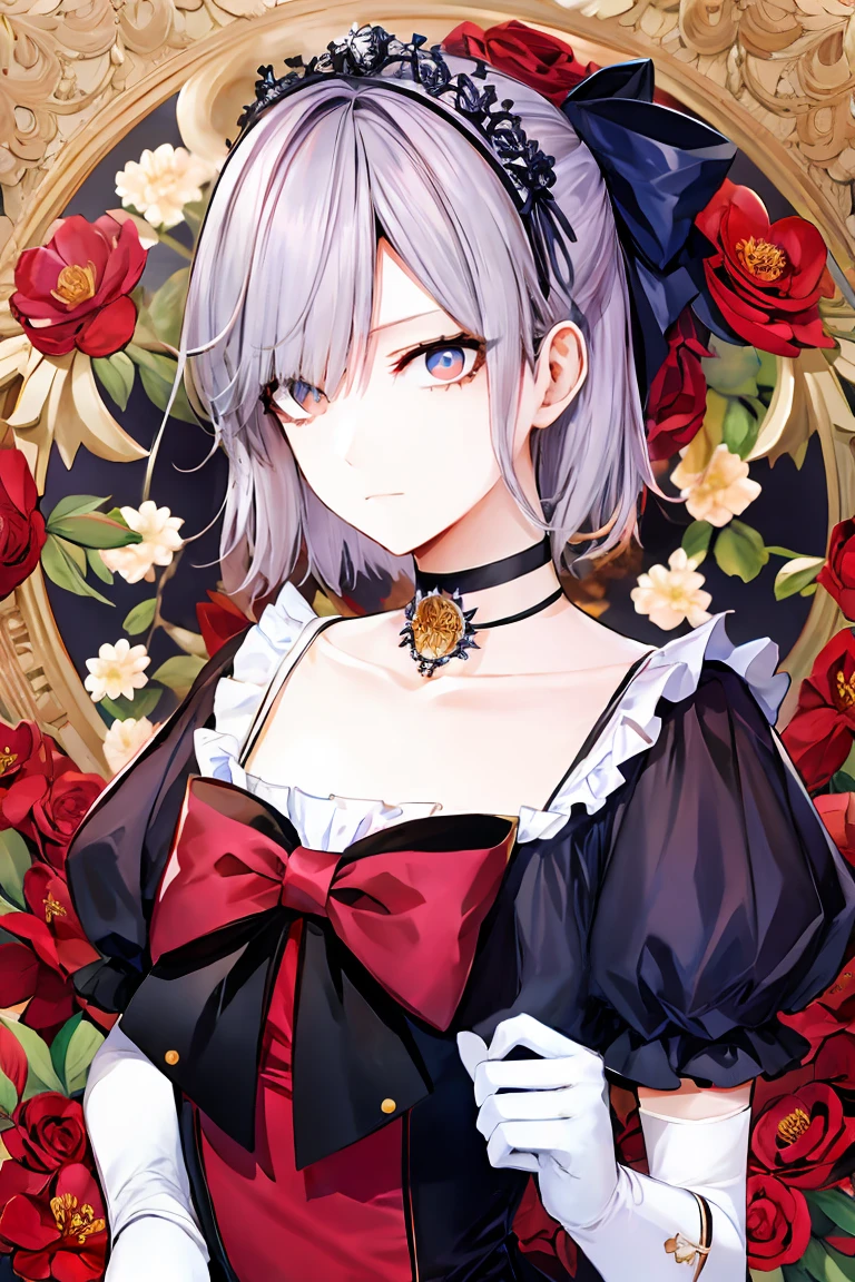 shoujo-style, jk style, (floral background), romance manhwa, (nagisa), 1girl, solo, short hair, flower, dress, tiara, white dress, gloves, long sleeves, choker, mascara, makeup, white gloves, black bow, black flower, bow, jewelry, looking at viewer, collarbone, puffy sleeves, silver accessories, upper body, bangs, blue dress, frills, closed mouth, detailed eyes